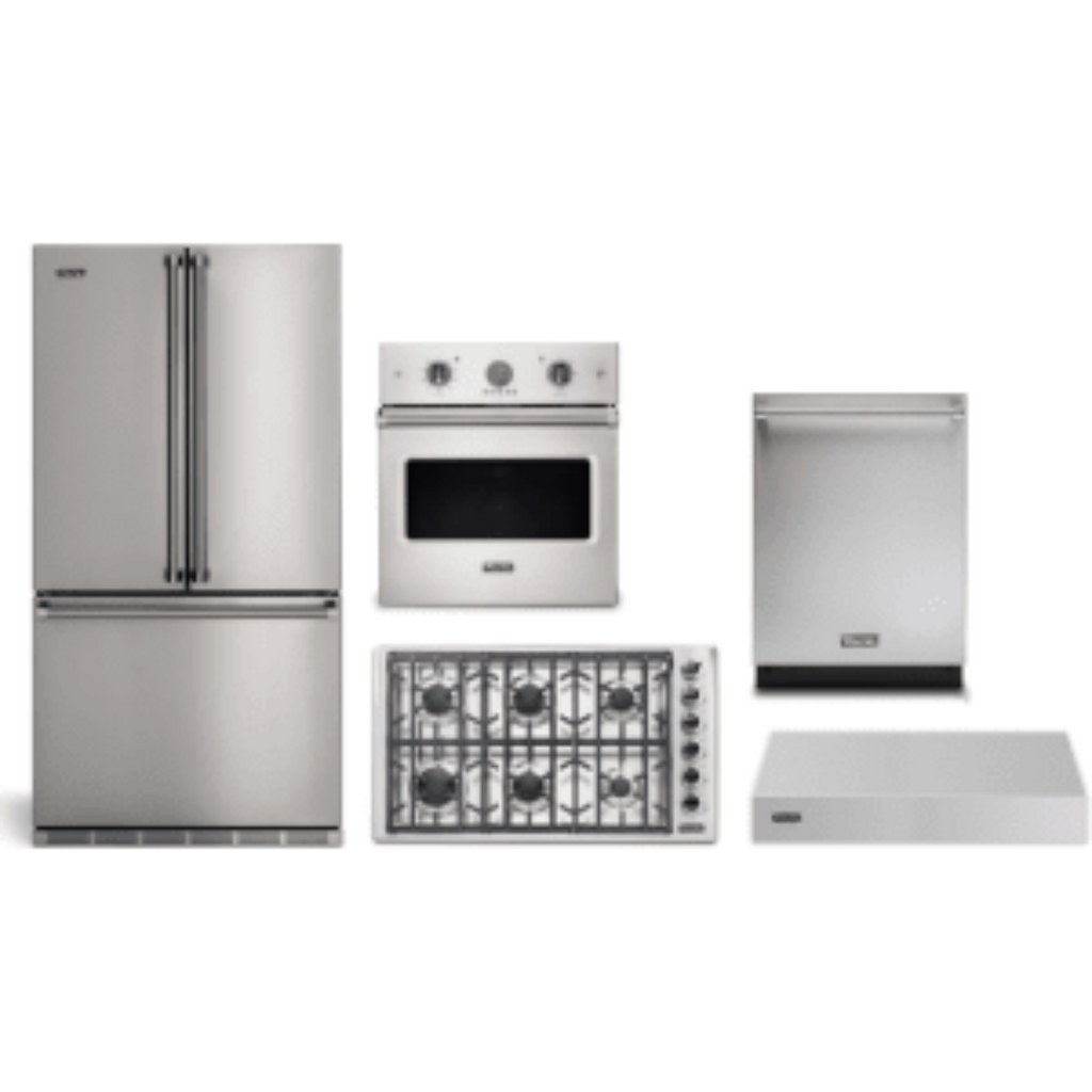 Viking 5-Piece Package 36 Counter-Depth French-Door Refrigerator and 36 Professional 5 Series Gas Cooktop and 27 Single Electric Wall Oven and 24 Integrated Dishwasher and VWH536121SS 36 Wall Mount Range Hood - VDWU524SS