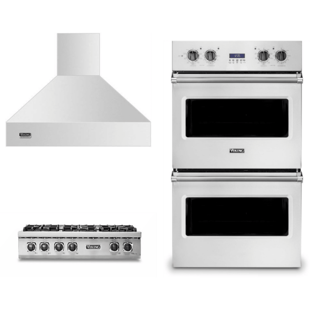 Viking 3-Piece Package 36 Inch Gas Rangetop and 30 Inch Built-In Double Electric Wall Ove and 36 Inch Wall Mount Range Hoo - VDOE130SS
