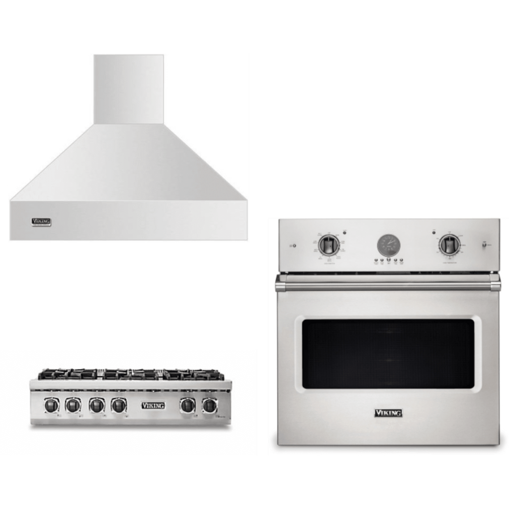Viking 3-Piece Package 36 Inch Gas Rangetop and 30 Inch Single Wall Ove and 36 Inch Wall Mount Range Hoo - VSOE530SS