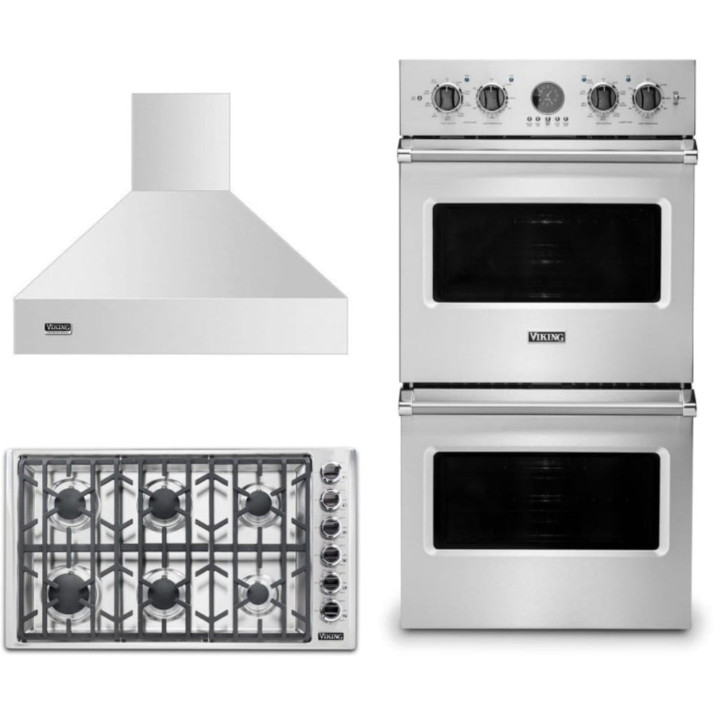 Viking 3-Piece Package 36 Inch Professional 5 Series Gas Cooktop and 27 Inch Double Convection Electric Wall Ove and 36 Inch Wall Mount Range Hoo - VDOE527SS
