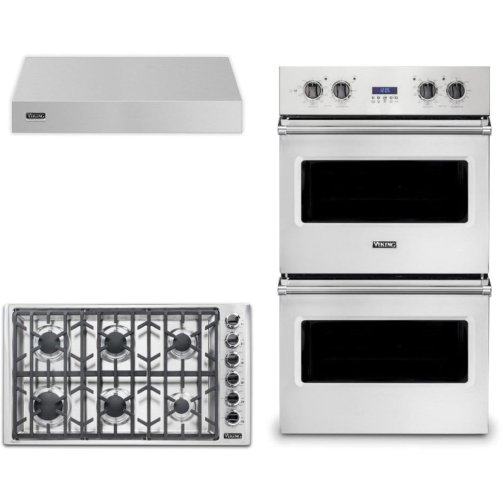 Viking 3-Piece Package 36 Inch Professional 5 Series Gas Cooktop and 30 Inch Built-In Double Electric Wall Ove and 36 Inch Wall Mount Range Hoo - VDOE130SS