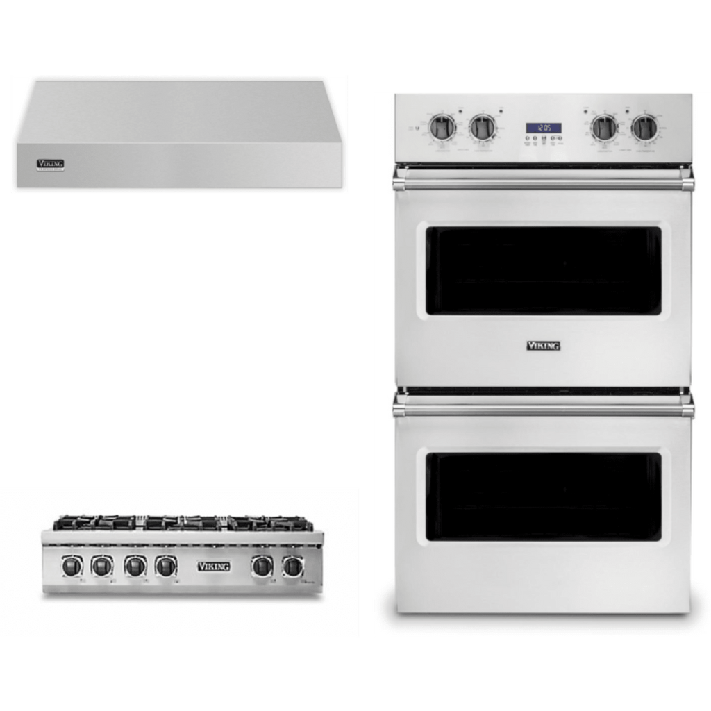 Viking 3-Piece Package 36 Inch Gas Rangetop and 30 Inch Built-In Double Electric Wall Ove and 36 Inch Wall Mount Range Hoo - VRT5366BSS