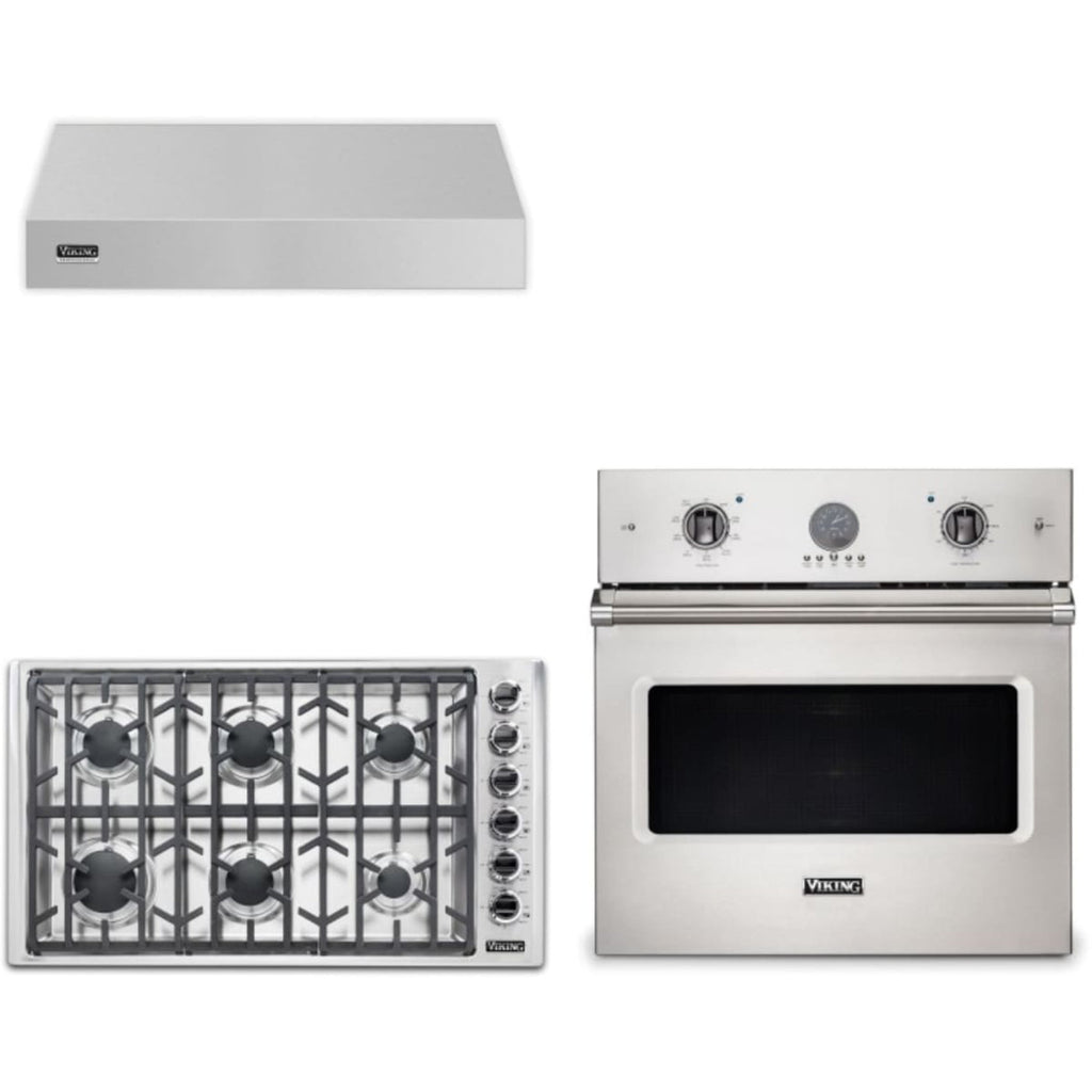 Viking 3-Piece Package 36 Inch Professional 5 Series Gas Cooktop and 30 Inch Single Wall Ove and 36 Inch Wall Mount Range Hoo - VSOE530SS