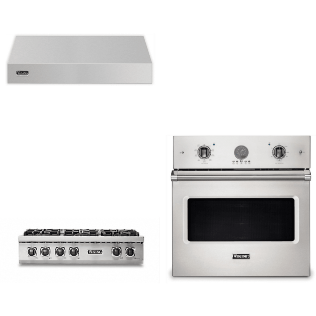 Viking 3-Piece Package 36 Inch Gas Rangetop and 30 Inch Single Wall Ove and 36 Inch Wall Mount Range Hoo - VSOE530SS