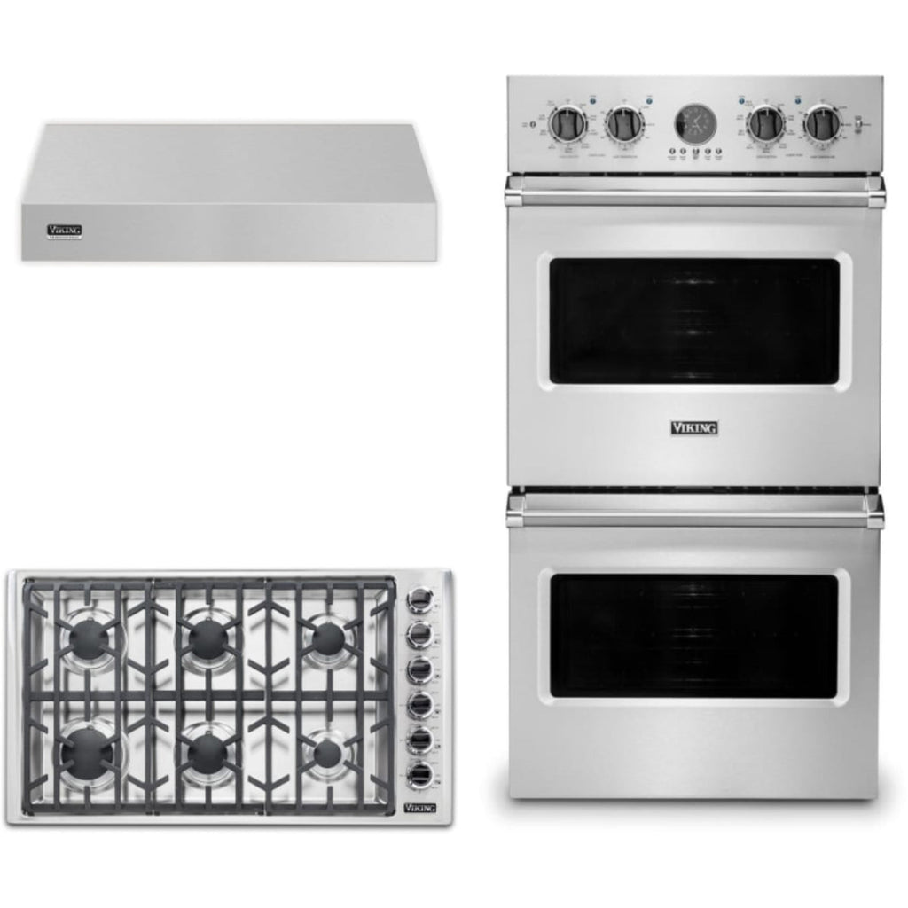 Viking 3-Piece Package 36 Inch Professional 5 Series Gas Cooktop and 27 Inch Double Convection Electric Wall Ove and 36 Inch Wall Mount Range Hoo - VGSU53616BSSLP