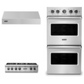 Viking 3-Piece Package 36 Inch Gas Rangetop and VDOE527SS 27 Inch Double Convection Electric Wall Ove and VWH536121SS 36 Inch Wall Mount Range Hoo - VRT5366BSS