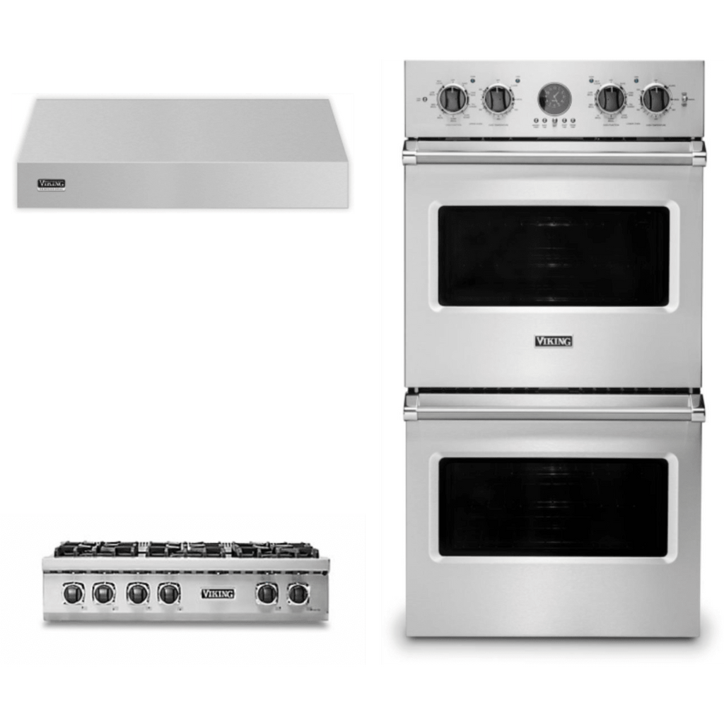 Viking 3-Piece Package 36 Inch Gas Rangetop and 30 Inch Built-In Double Electric Wall Ove and 36 Inch Wall Mount Range Hoo - VRT5366BSS