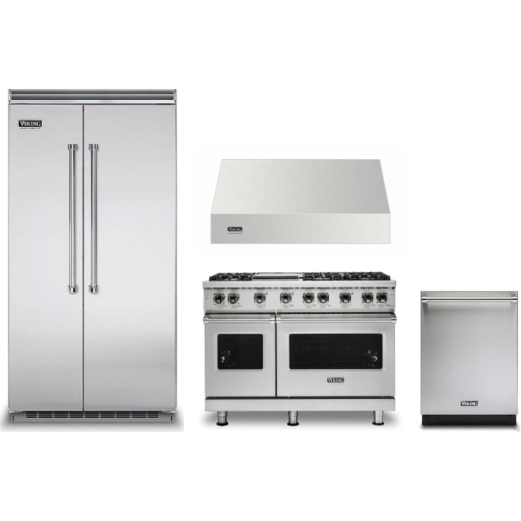 Viking 4-Piece Package 42 Inch Counter Depth Built-In Side by Side Refrigerator and 48 Inch Freestanding Professional Gas Range and 24 Inch Fully Integrated Dishwasher and 48 Inch Wall Mount Range Hood - VCSB5424SS