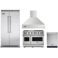 Viking 4-Piece Package 42 Inch Counter Depth Built-In Side by Side Refrigerator and 48 Inch Freestanding Professional Gas Range and 24 Inch Fully Integrated Dishwasher and 48 Inch Wall Mount Range Hood - VCSB5424SS