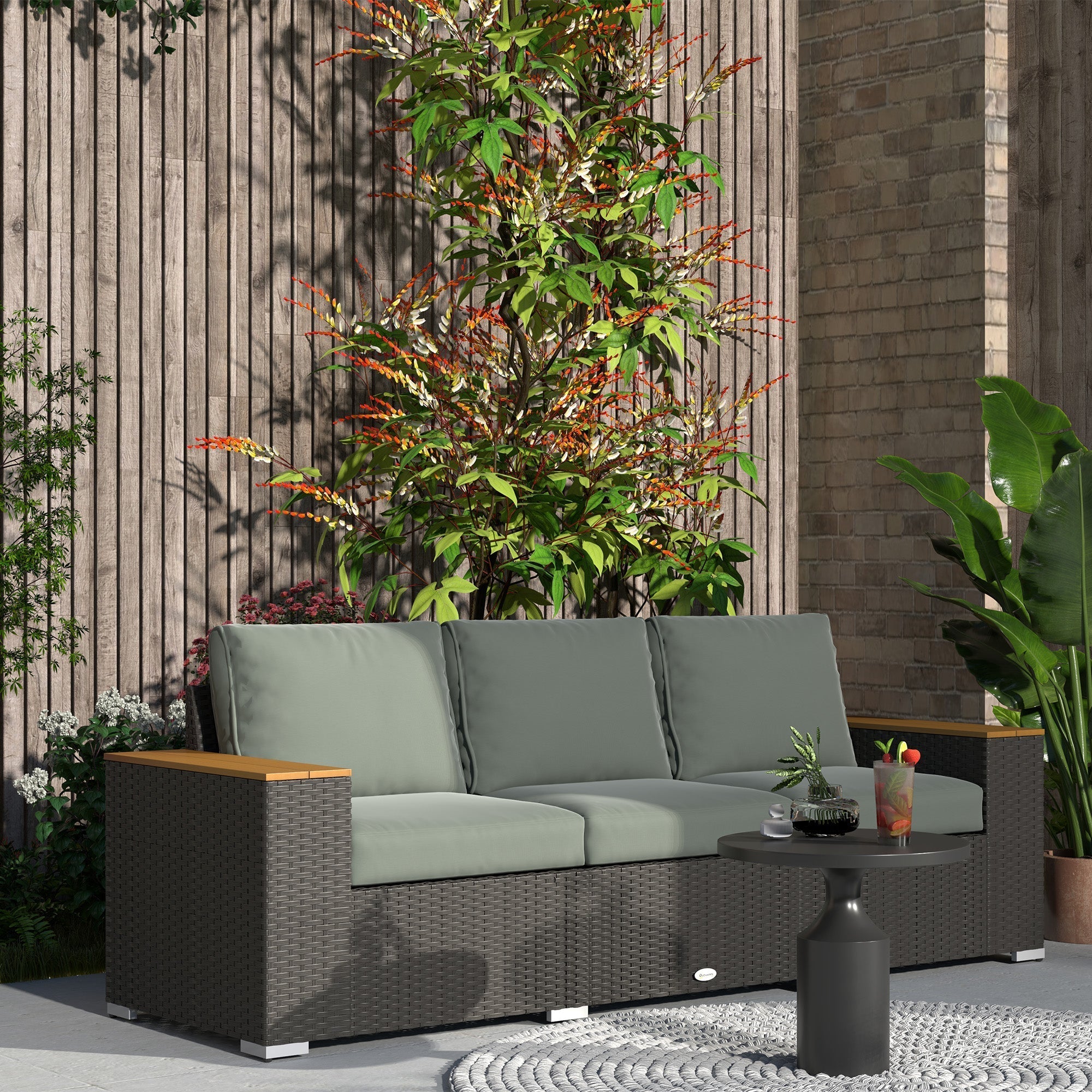 Outsunny 3-Seat Rattan Patio Couch with Cushions and Wood Grain Wide Armrests, Dark Gray - 860-304V00CG