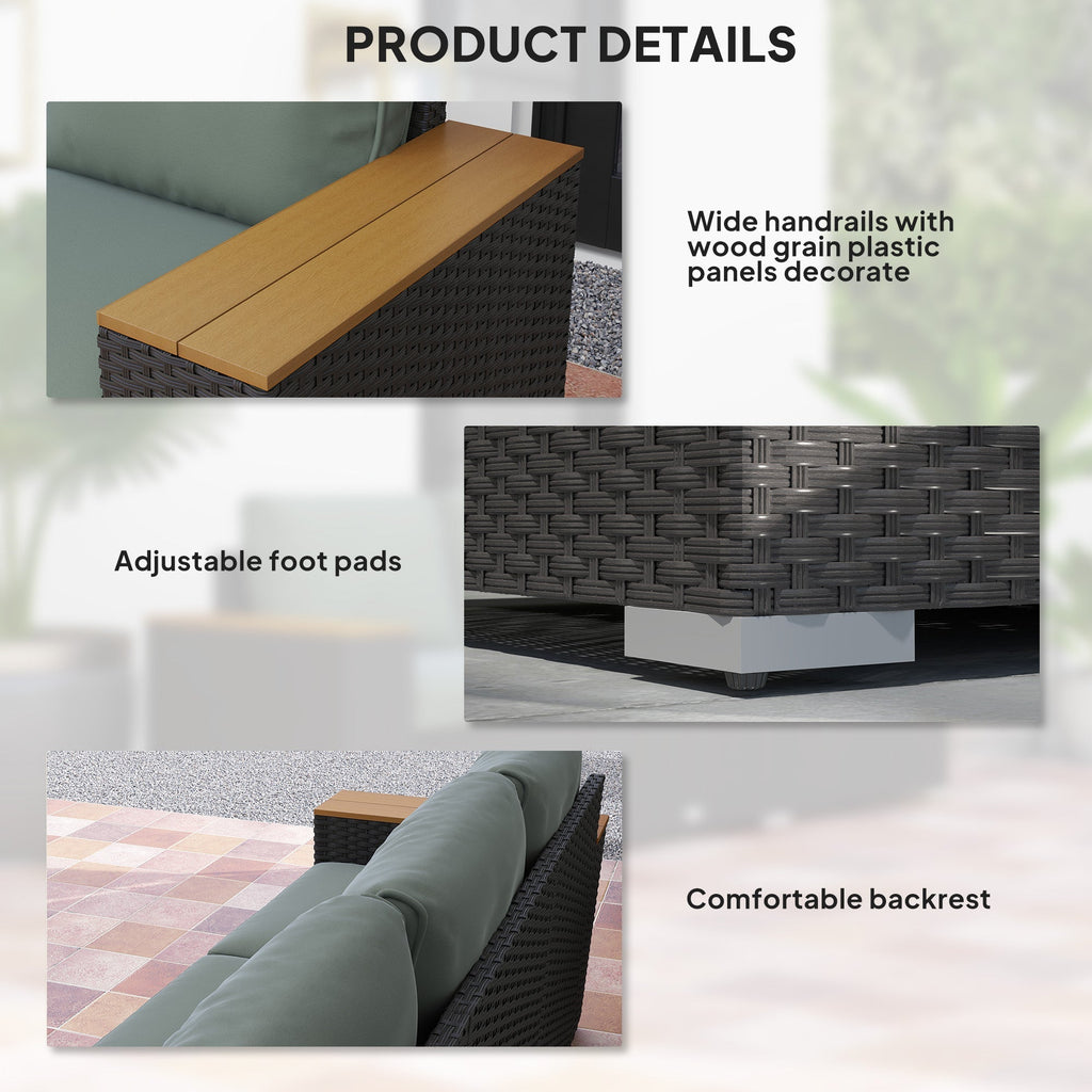 Outsunny 3-Seat Rattan Patio Couch with Cushions and Wood Grain Wide Armrests, Dark Gray - 860-304V00CG