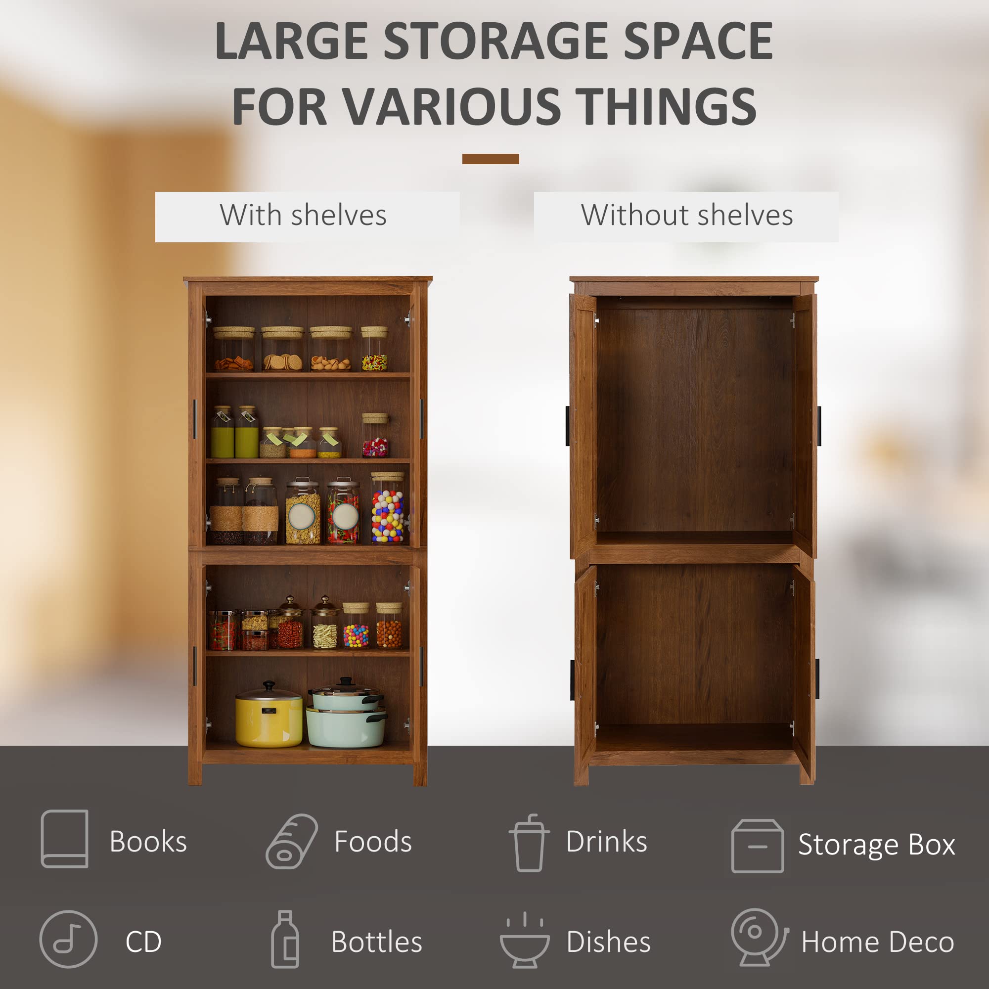 HOMCOM 64" Kitchen Pantry Cabinet, Freestanding Storage Cabinet with 4 Doors and 3 Adjustable Shelves for Dining Room, Oak - B0CGR31CKN