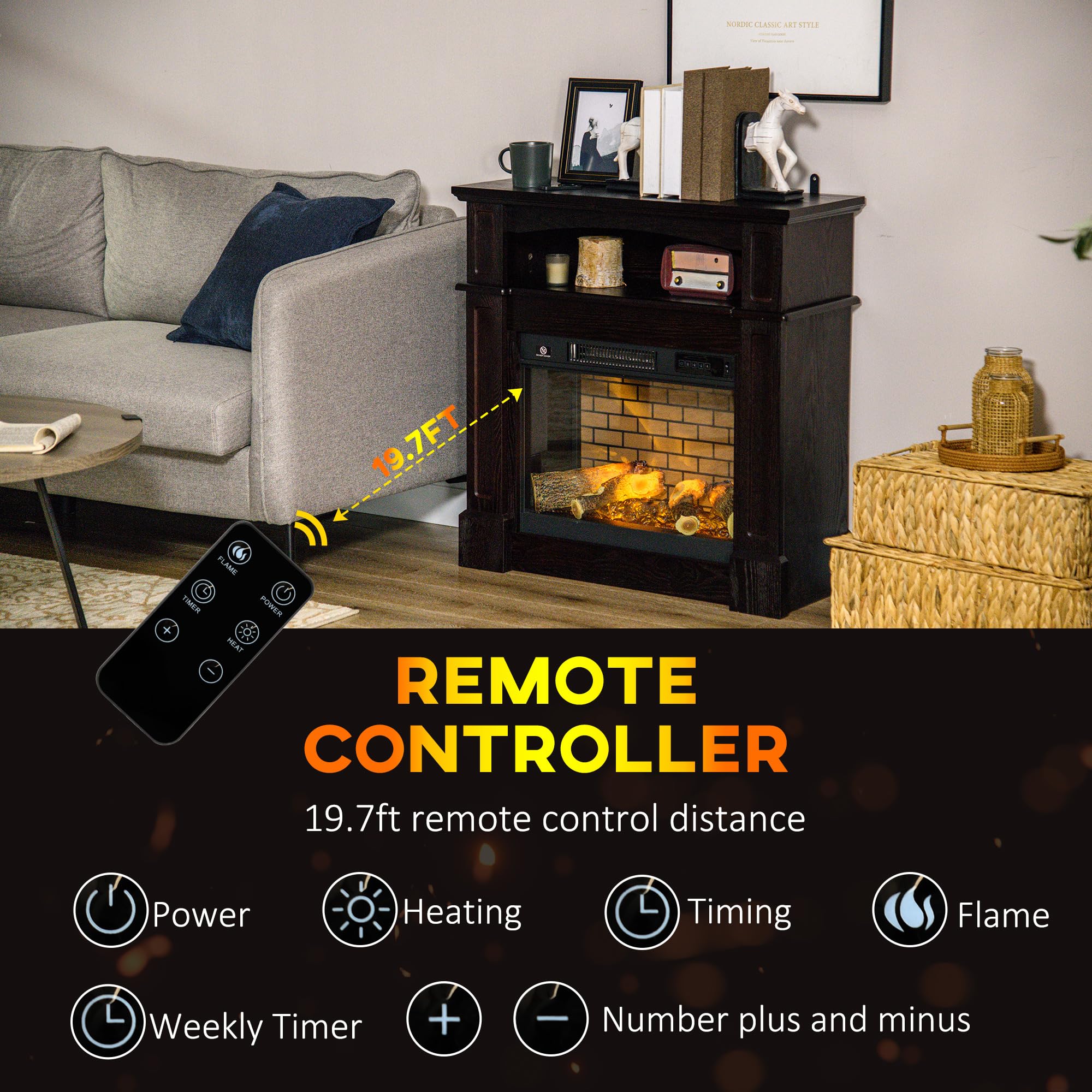 HomCom 32" Electric Fireplace with Mantel, Freestanding Heater with LED Log Flame - B09GVD4MV4