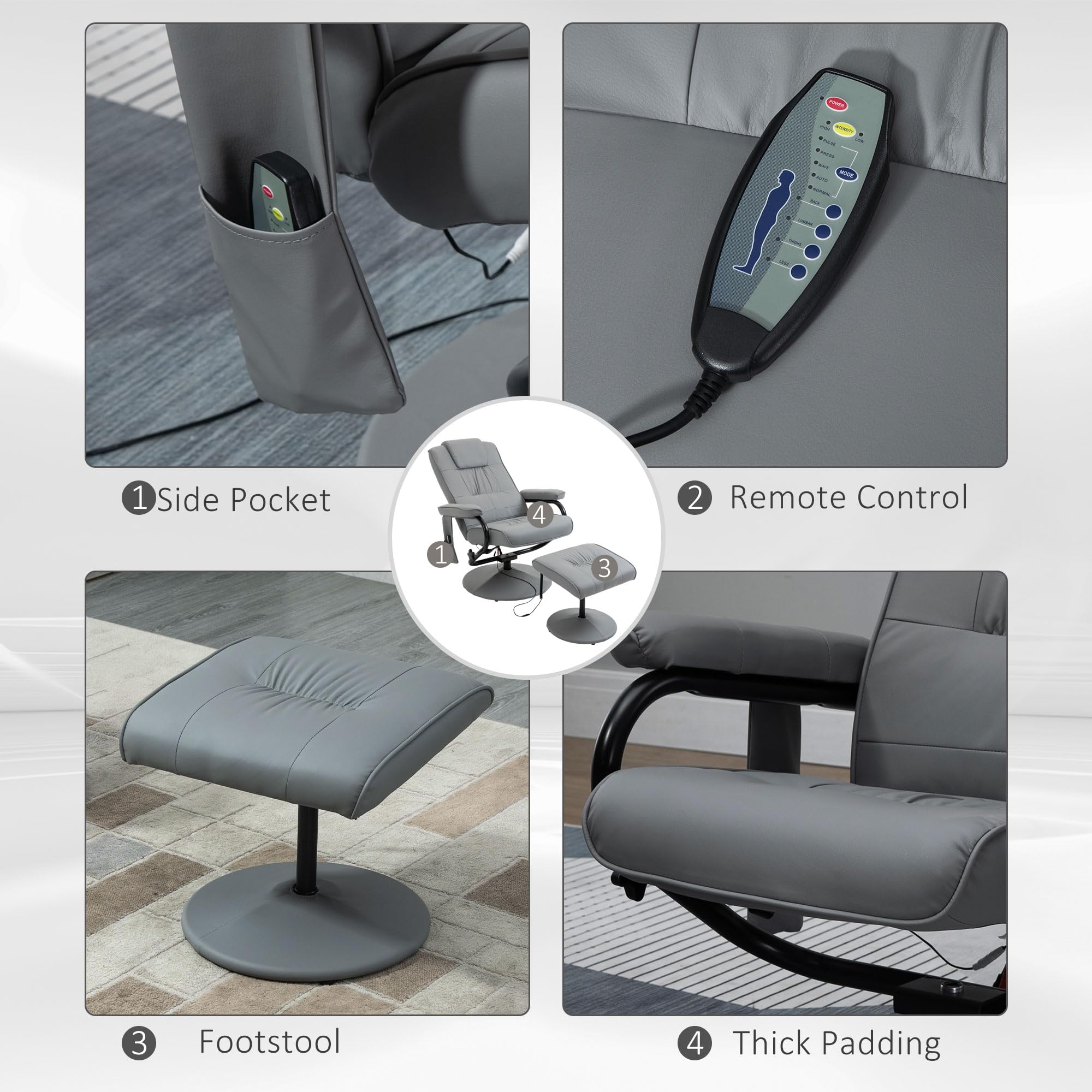 HomCom Massaging Faux Leather Recliner Chair and Ottoman Set, Swivel Vibration - B0C73RSQRK