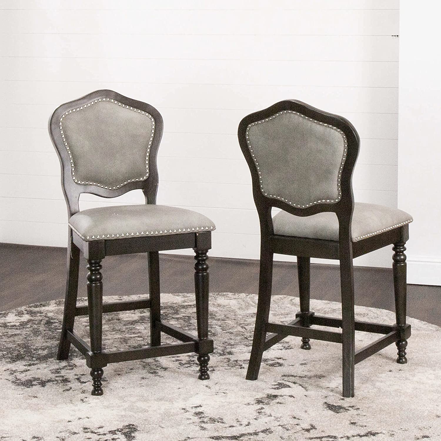Sunset Trading Vegas Upholstered Barstools with Backs | Counter Height Dining Chairs | Distressed Gray Wood | Nailheads | Set of 2 -  CR-87711-24-2