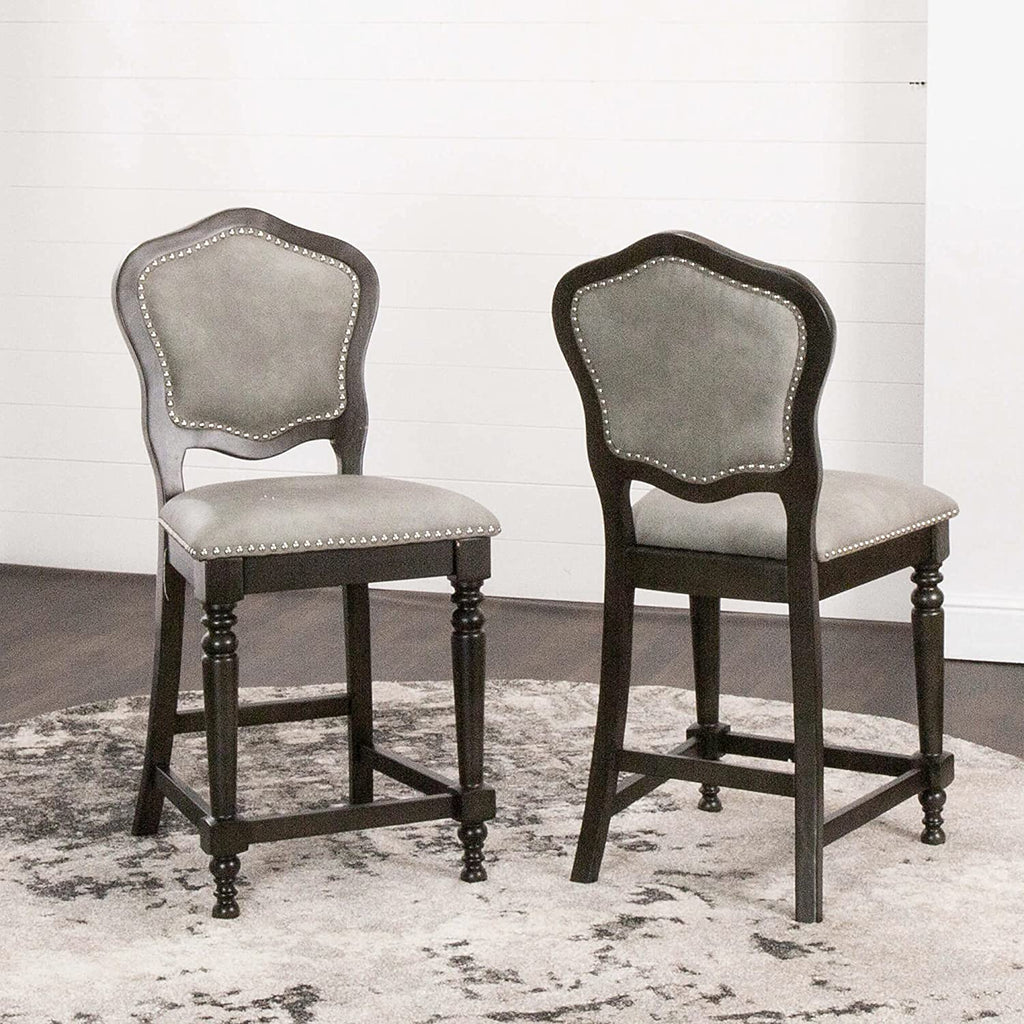 Sunset Trading Vegas Upholstered Barstools with Backs | Counter Height Dining Chairs | Distressed Gray Wood | Nailheads | Set of 2 -  CR-87711-24-2