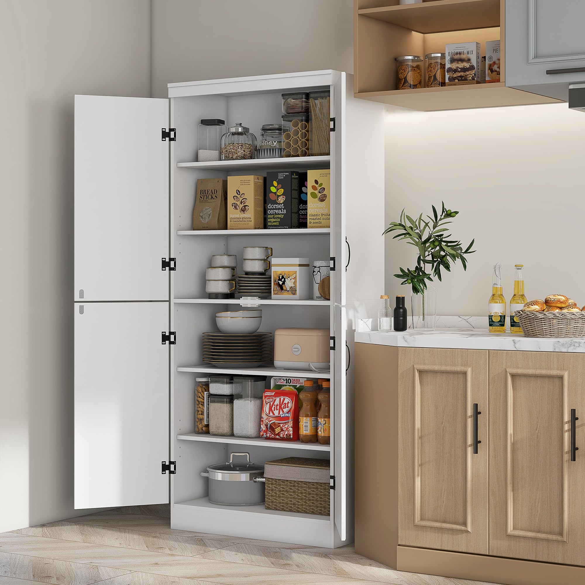 HOMCOM 70" Kitchen Pantry Cabinet, Freestanding Storage Cabinet with 4 Doors and 2 Adjustable Shelves for Dining Room, White - B09YXPKT9T