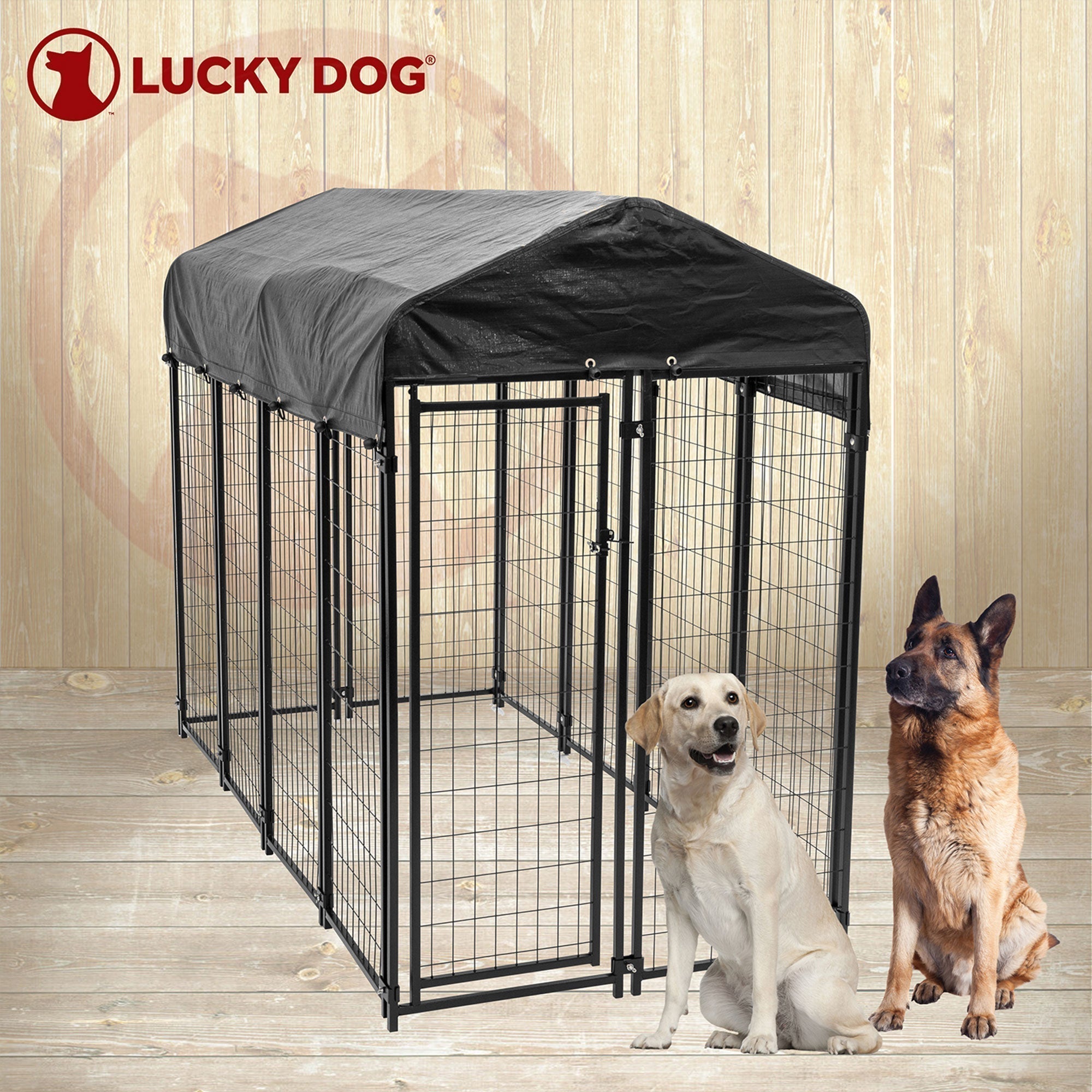 Lucky Dog Uptown Large Outdoor Covered Kennel Secure Fenced Pet Dog Crate, Black - 90333