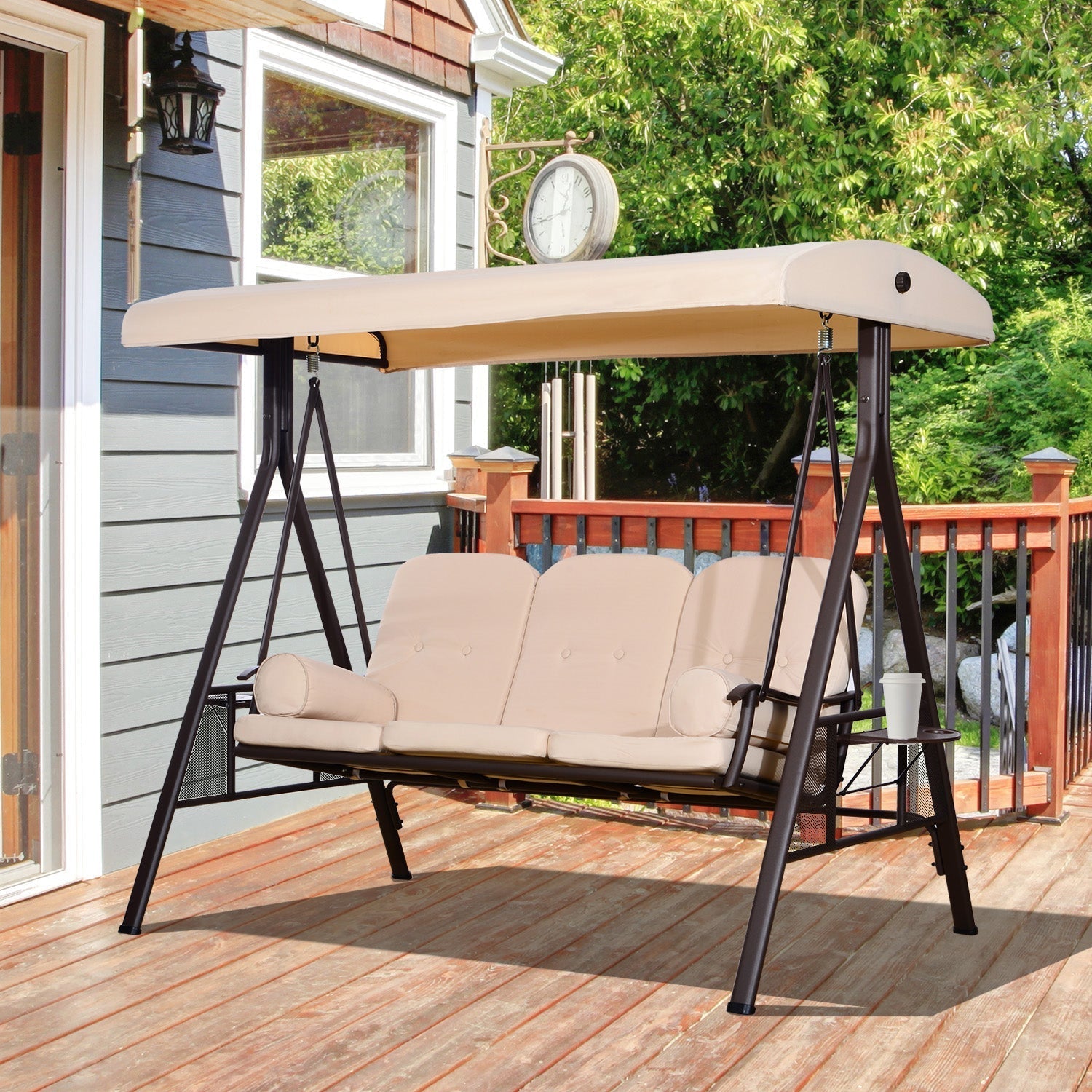 Outsunny 3-Seat Patio Swing Chair with Adjustable Canopy, Removable Cushion & Pillows, Beige -84A-068