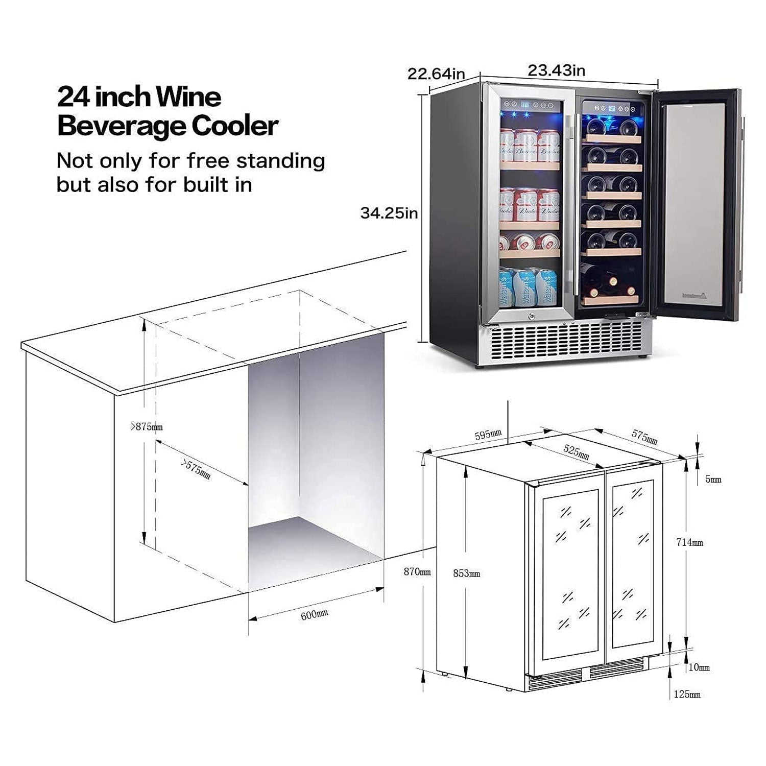 Earth Day Sale-AAOBOSI 24 Inch Beverage and Wine Cooler Dual Zone 2-IN-1 Hold 18 Bottles and 57 Cans  - YC120-2D
