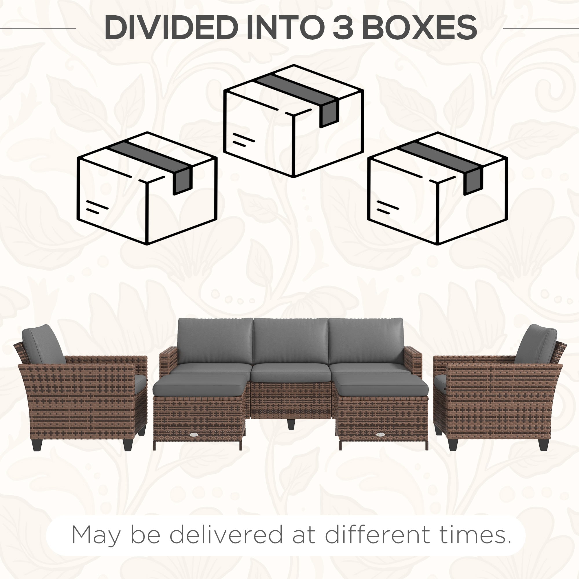 Outsunny 5-Piece PE Rattan Patio Set with 3-Seater Sofa, Armchairs, Footstools & Cushions, Mixed Brown - 860-311V00MB
