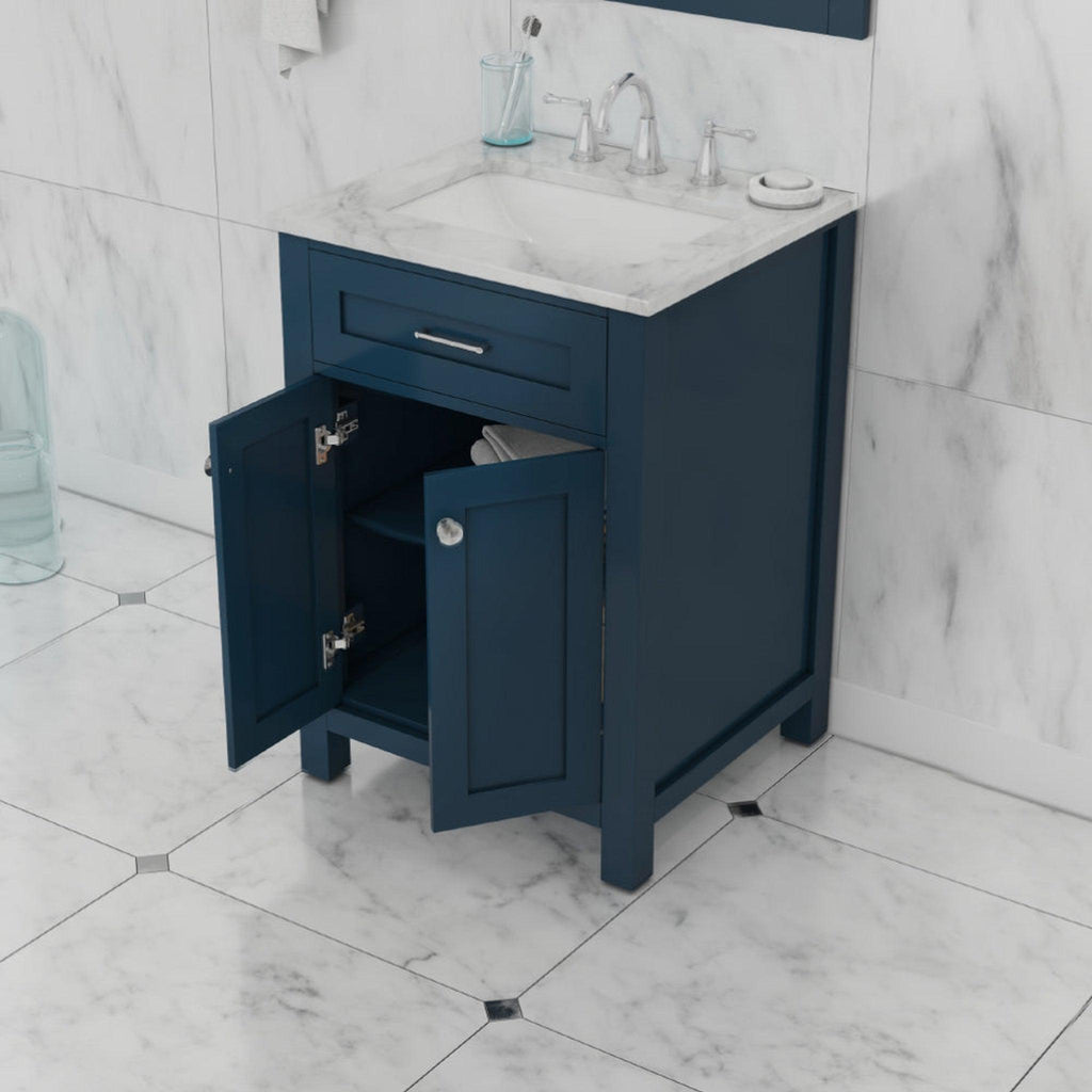 Alya Bath Norwalk 24" Single Blue Freestanding  Bathroom Vanity With Carrara Marble Top, C - HE-101-24-B-CWMT + HE-101/102-24-B-Meramic Sink and Wall Mounted Mirror