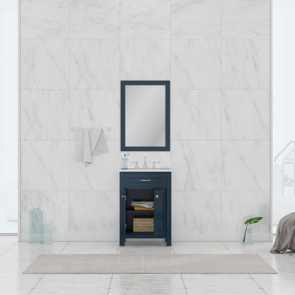 Alya Bath Norwalk 24" Single Blue Freestanding  Bathroom Vanity With Carrara Marble Top, C - HE-101-24-B-CWMT + HE-101/102-24-B-Meramic Sink and Wall Mounted Mirror