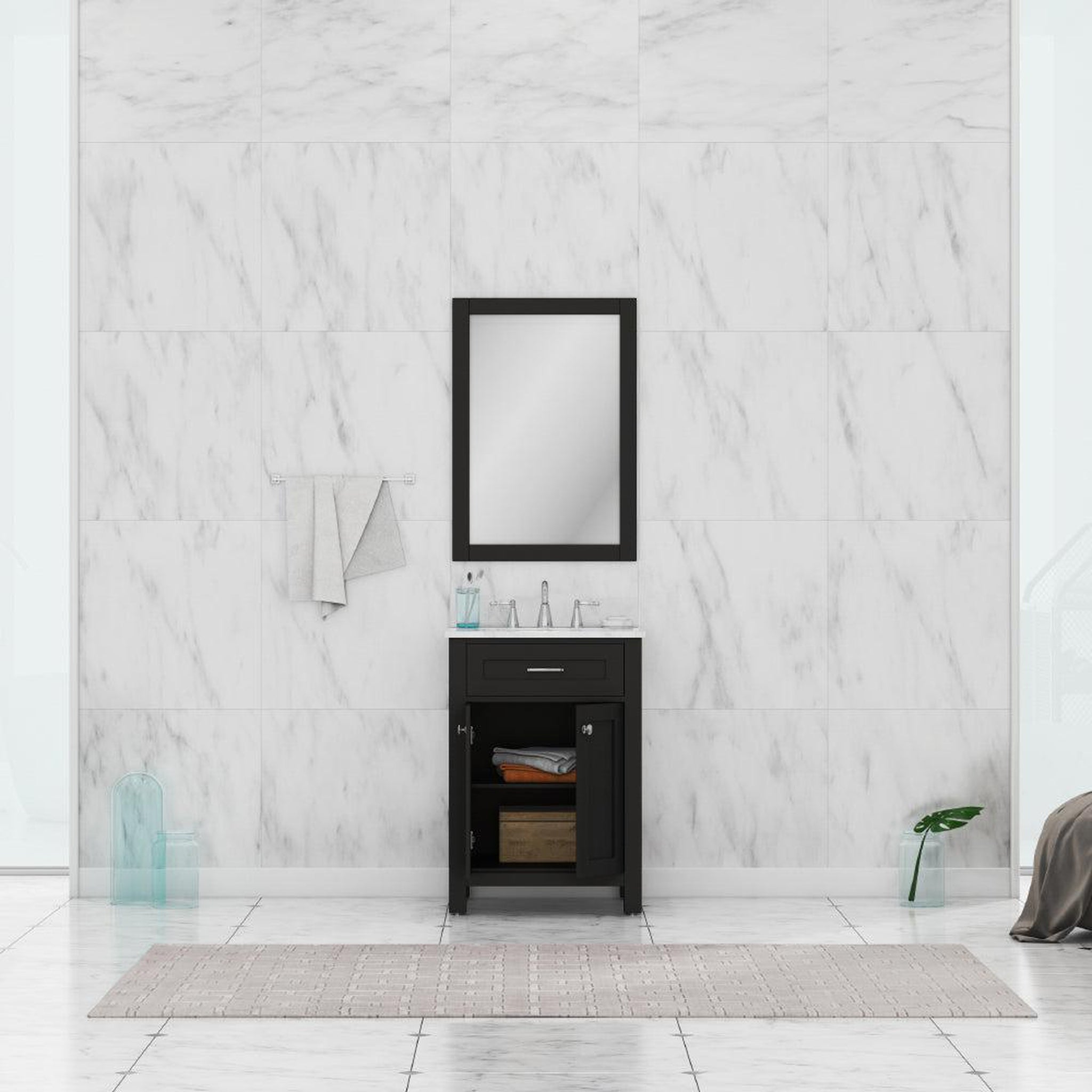 Alya Bath Norwalk 24" Single Espresso Freestanding  Bathroom Vanity With Carrara Marble Top, Ceramic Sink and Wall Mounted Mirror - HE-101-24-E-CWMT + HE-101/102-24-E-M