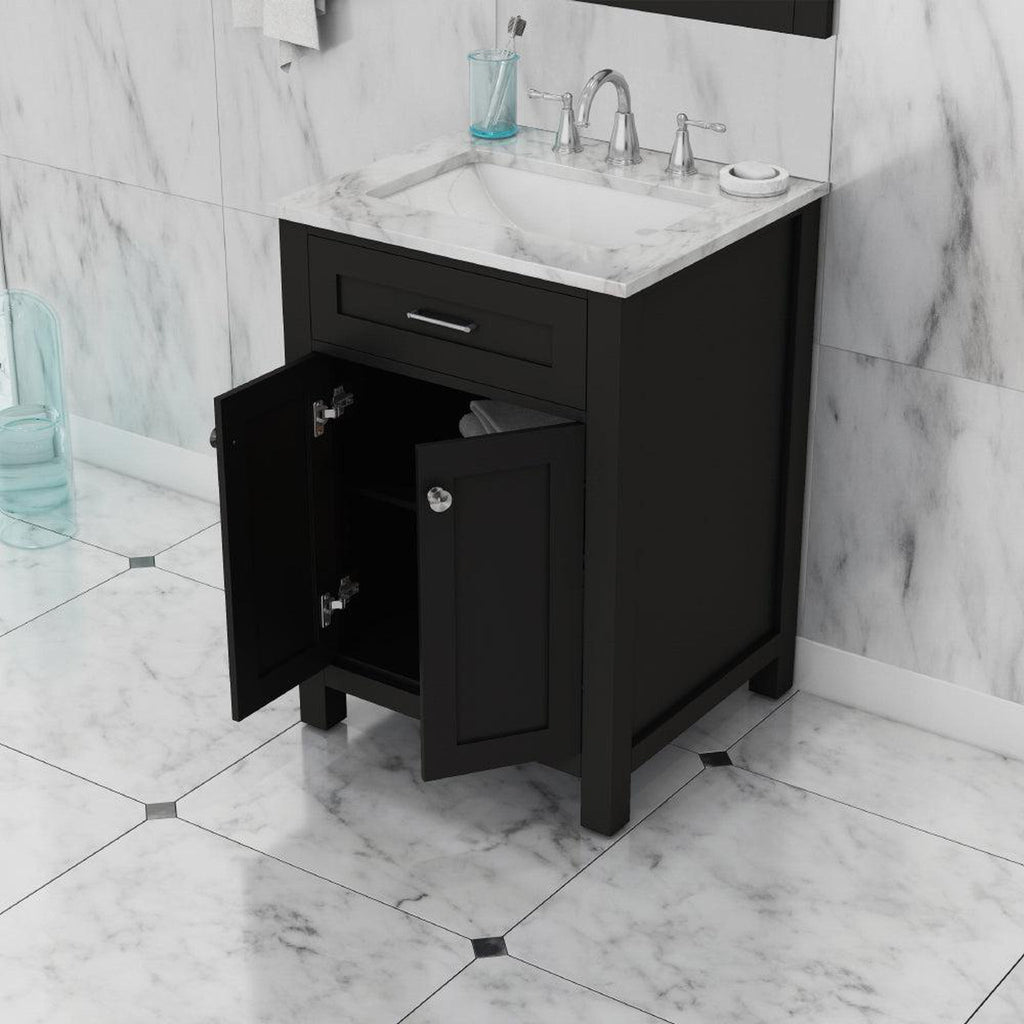 Alya Bath Norwalk 24" Single Espresso Freestanding  Bathroom Vanity With Carrara Marble Top, Ceramic Sink and Wall Mounted Mirror - HE-101-24-E-CWMT + HE-101/102-24-E-M