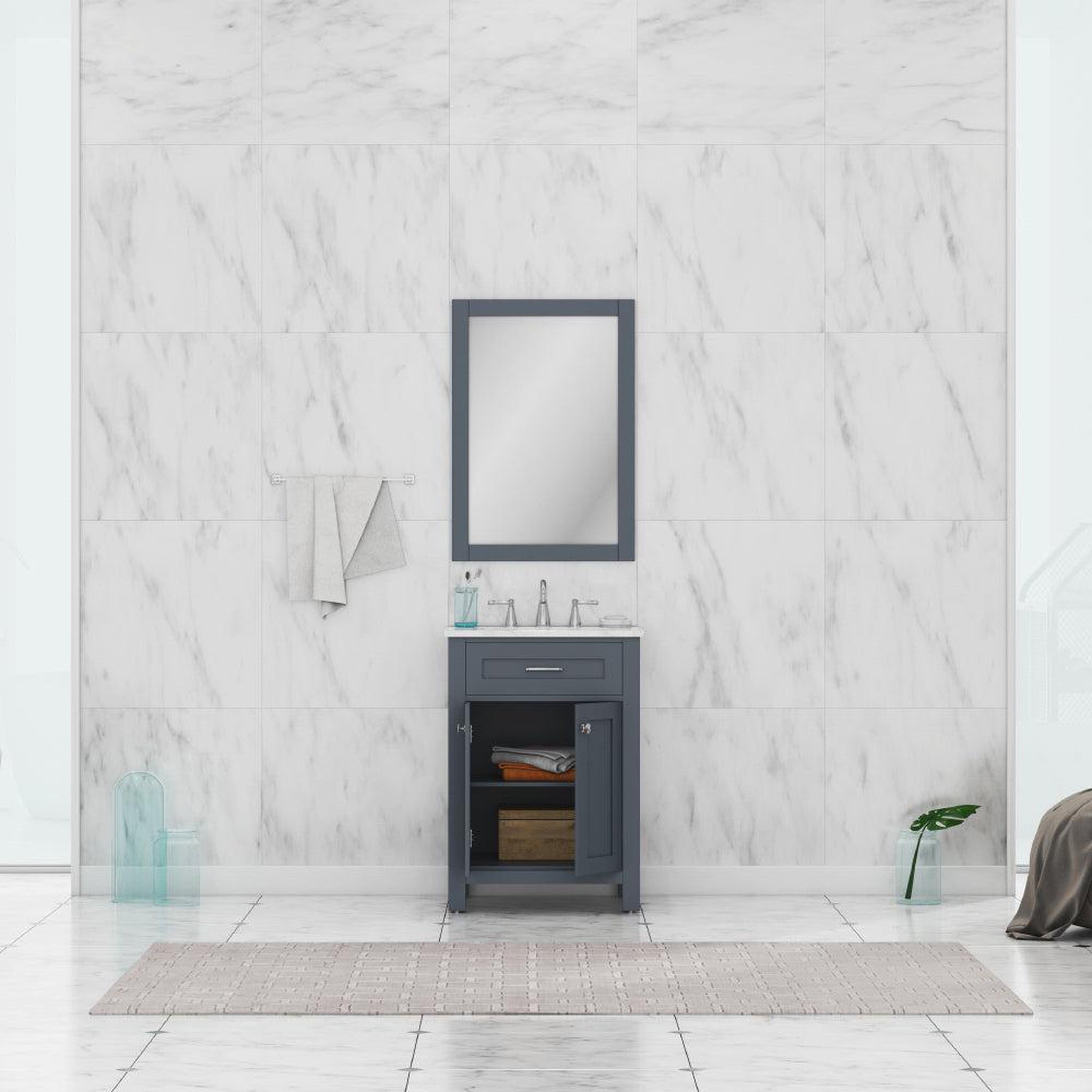 Alya Bath Norwalk 24" Single Gray Freestanding &nbsp;Bathroom Vanity With Carrara Marble Top, Ceramic Sink and Wall Mounted Mirror - HE-101-24-G-CWMT + HE-101/102-24-G-M