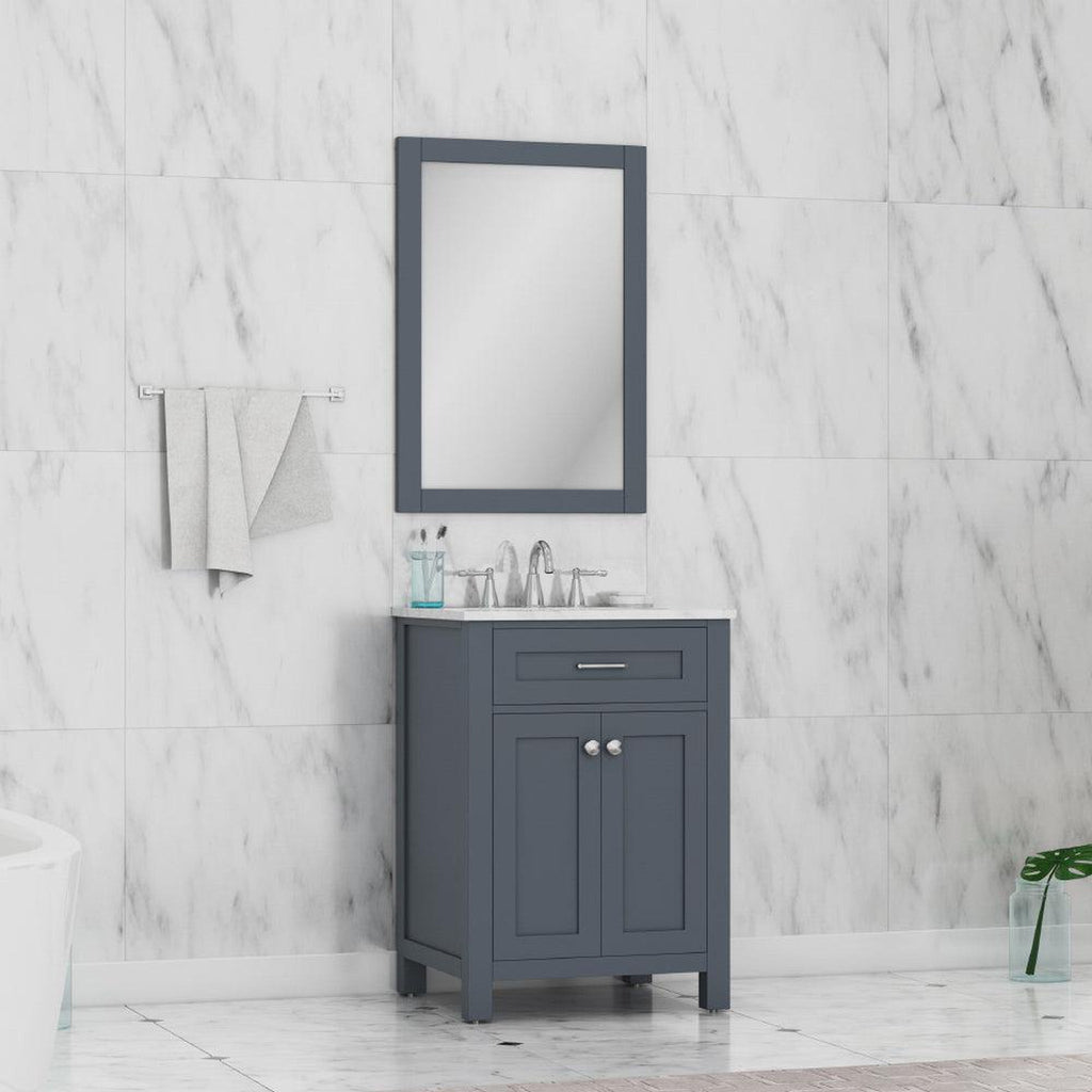 Alya Bath Norwalk 24" Single Gray Freestanding &nbsp;Bathroom Vanity With Carrara Marble Top, Ceramic Sink and Wall Mounted Mirror - HE-101-24-G-CWMT + HE-101/102-24-G-M
