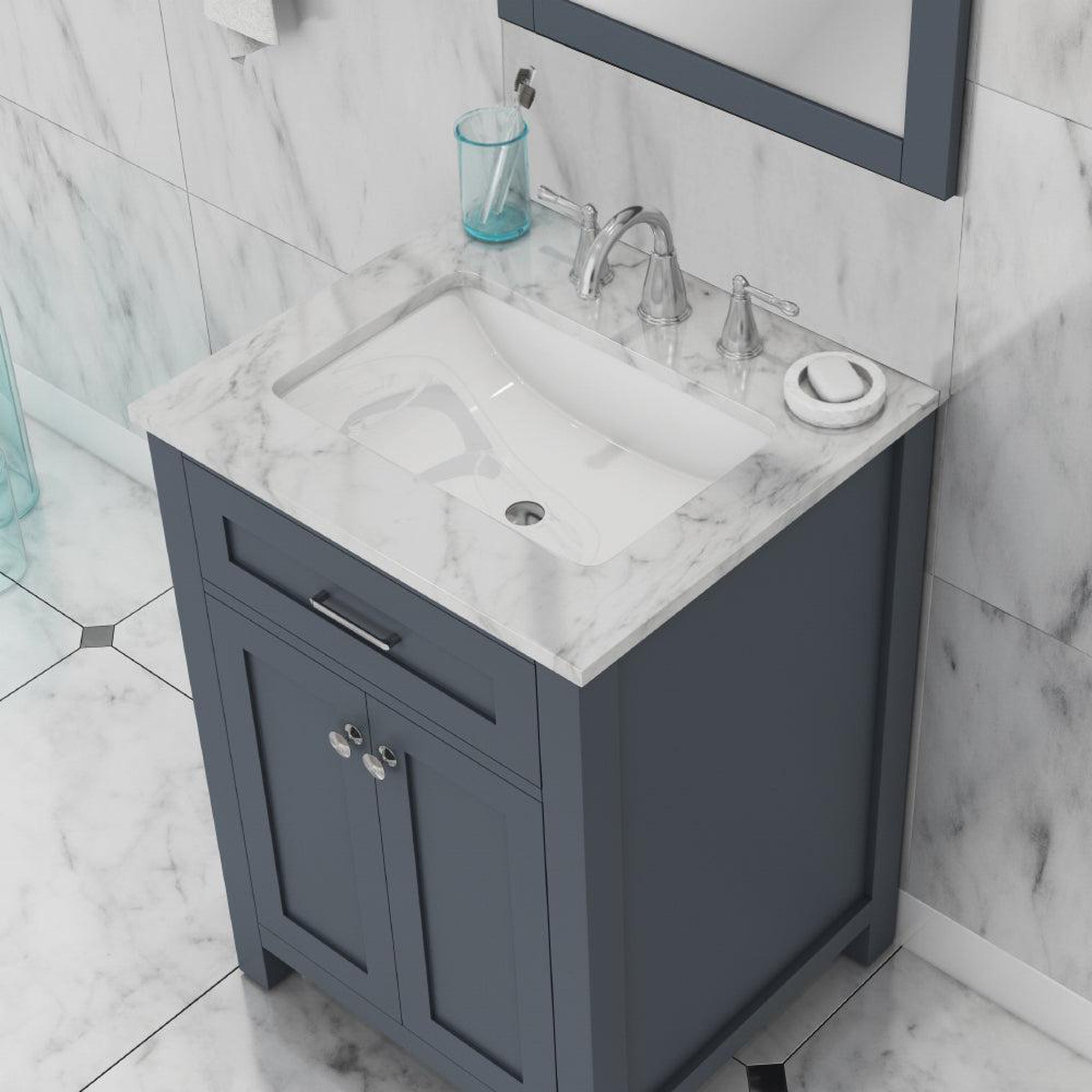 Alya Bath Norwalk 24" Single Gray Freestanding &nbsp;Bathroom Vanity With Carrara Marble Top, Ceramic Sink and Wall Mounted Mirror - HE-101-24-G-CWMT + HE-101/102-24-G-M