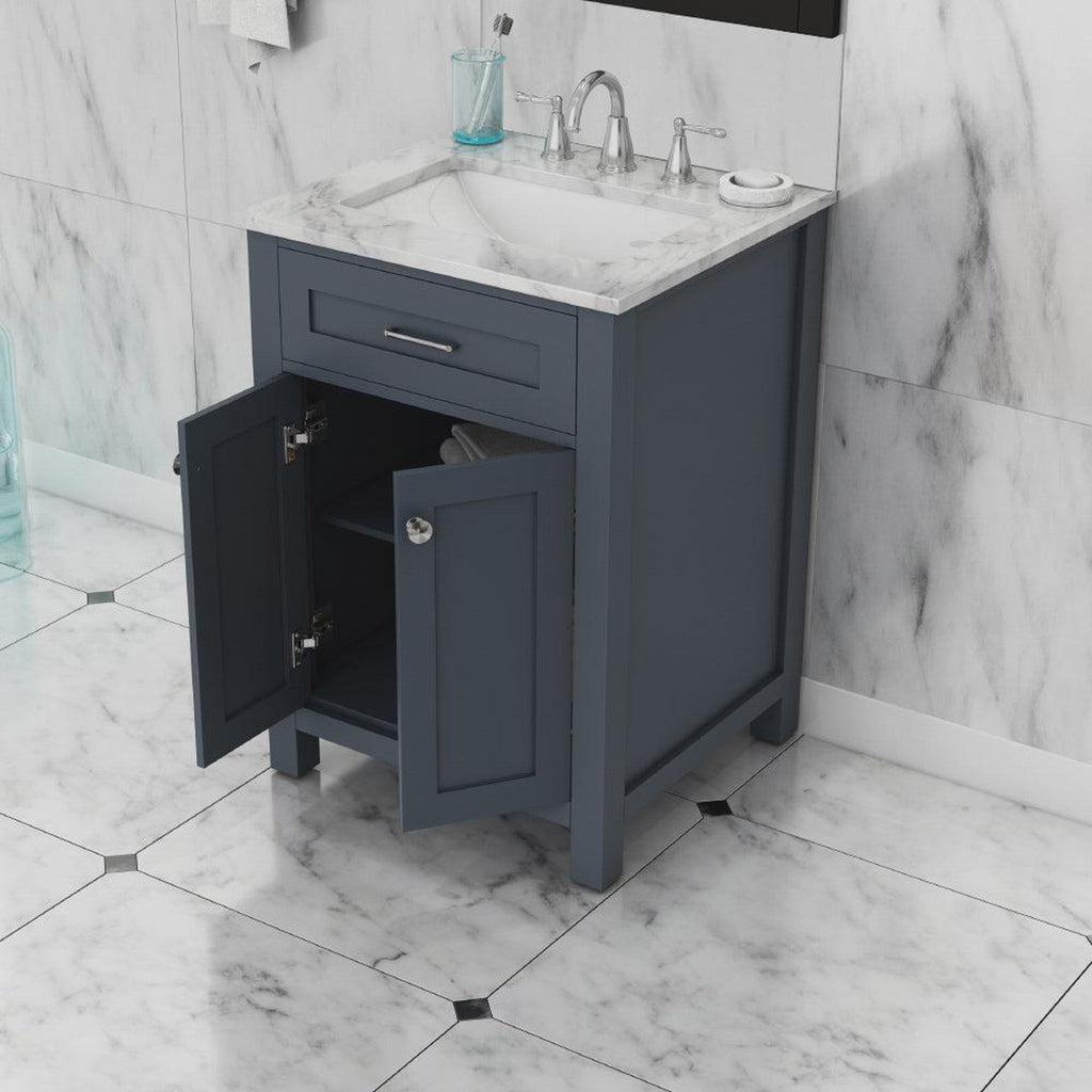 Alya Bath Norwalk 24" Single Gray Freestanding &nbsp;Bathroom Vanity With Carrara Marble Top, Ceramic Sink and Wall Mounted Mirror - HE-101-24-G-CWMT + HE-101/102-24-G-M