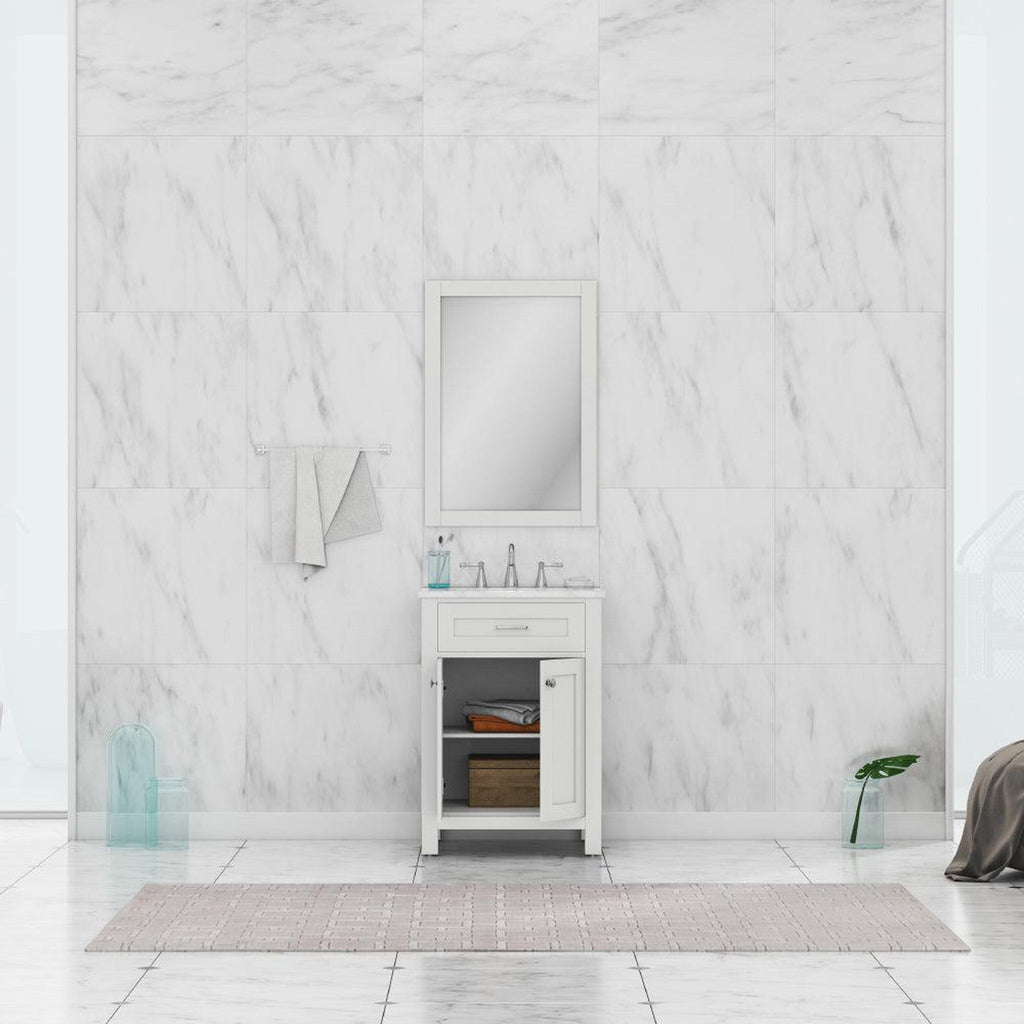Alya Bath Norwalk 24" Single White Freestanding  Bathroom Vanity With Carrara Marble Top, C - HE-101-24-W-CWMT + HE-101/102-24-W-Meramic Sink and Wall Mounted Mirror