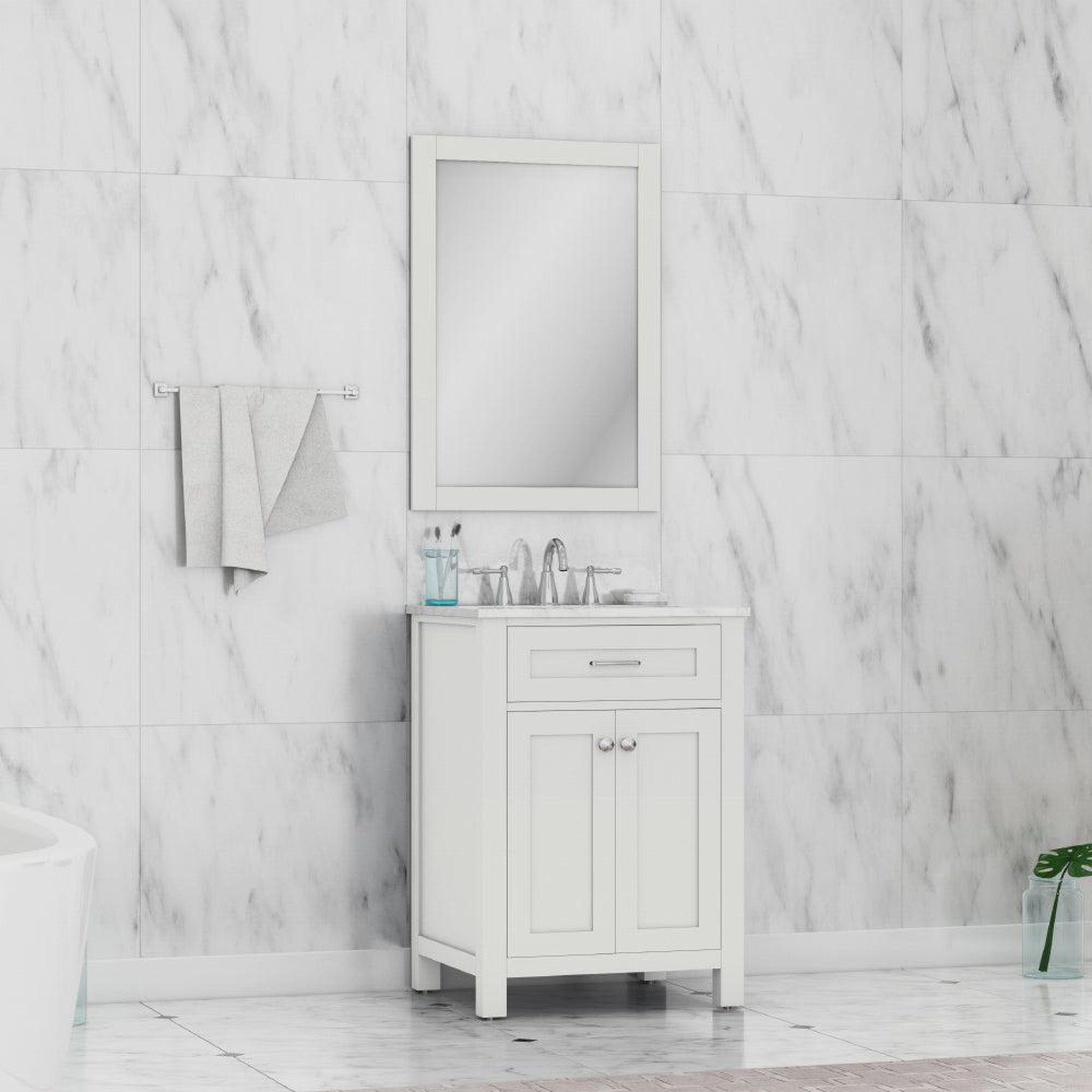 Alya Bath Norwalk 24" Single White Freestanding  Bathroom Vanity With Carrara Marble Top, C - HE-101-24-W-CWMT + HE-101/102-24-W-Meramic Sink and Wall Mounted Mirror