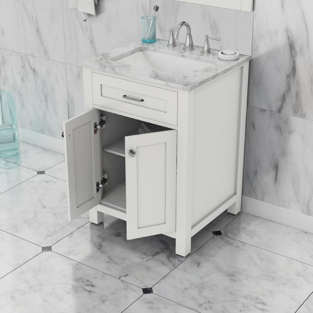 Alya Bath Norwalk 24" Single White Freestanding  Bathroom Vanity With Carrara Marble Top, C - HE-101-24-W-CWMT + HE-101/102-24-W-Meramic Sink and Wall Mounted Mirror