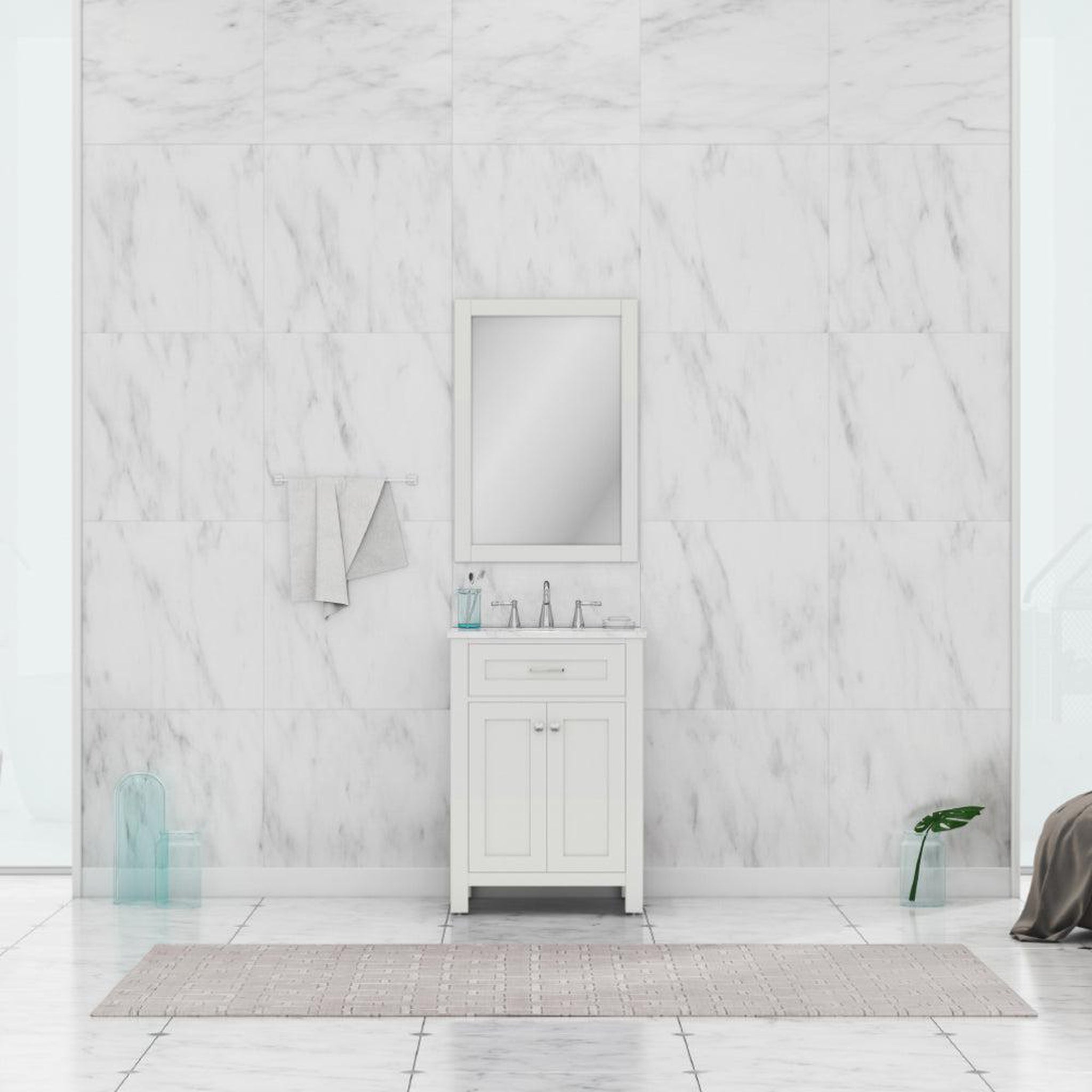Alya Bath Norwalk 24" Single White Freestanding  Bathroom Vanity With Carrara Marble Top, C - HE-101-24-W-CWMT + HE-101/102-24-W-Meramic Sink and Wall Mounted Mirror