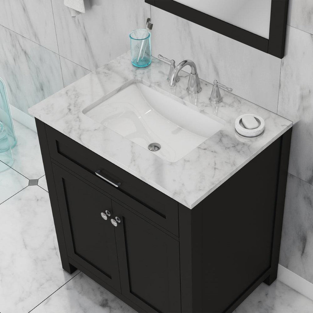 Alya Bath Norwalk 30" Single Espresso Freestanding Bathroom Vanity With Carrara Marble Top, Ceramic Sink and Wall Mounted Mirror - HE-101-30-E-CWMT + HE-101/102-30-E-M
