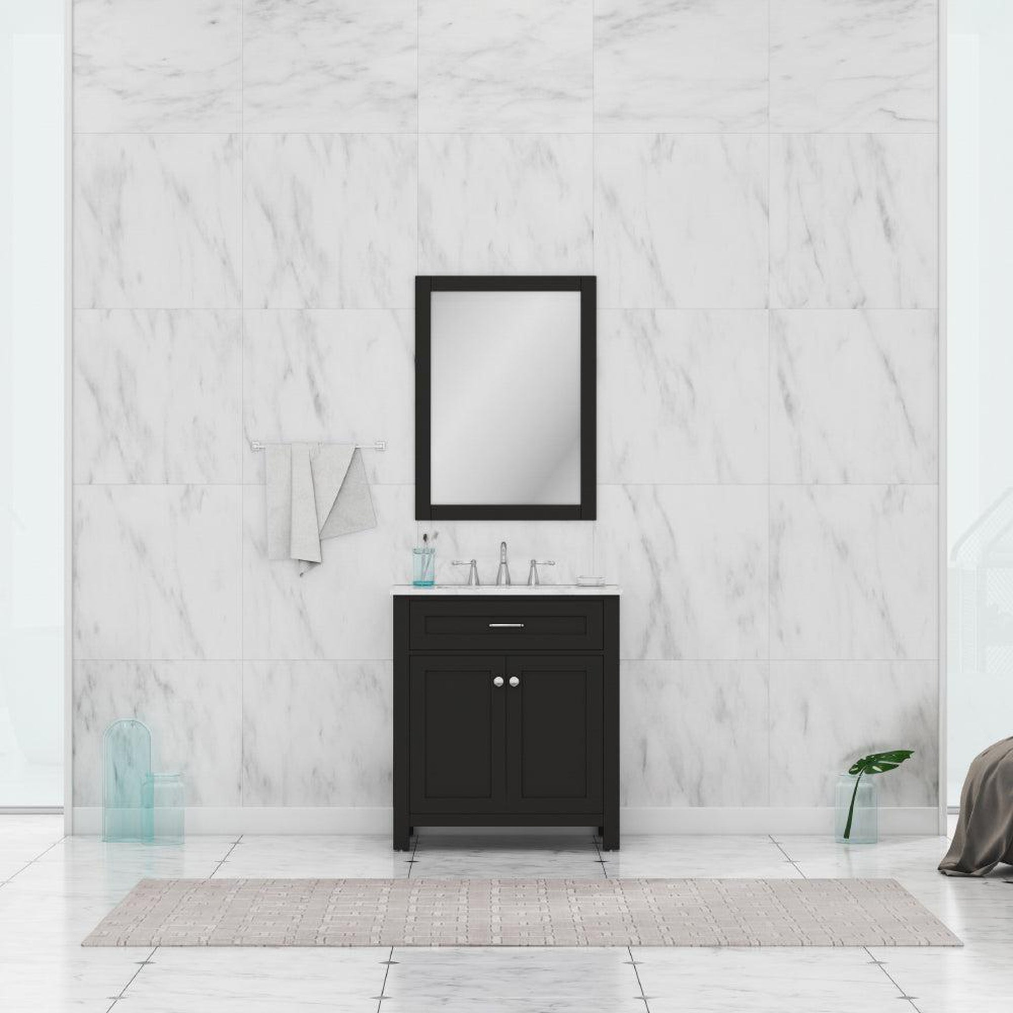 Alya Bath Norwalk 30" Single Espresso Freestanding Bathroom Vanity With Carrara Marble Top, Ceramic Sink and Wall Mounted Mirror - HE-101-30-E-CWMT + HE-101/102-30-E-M