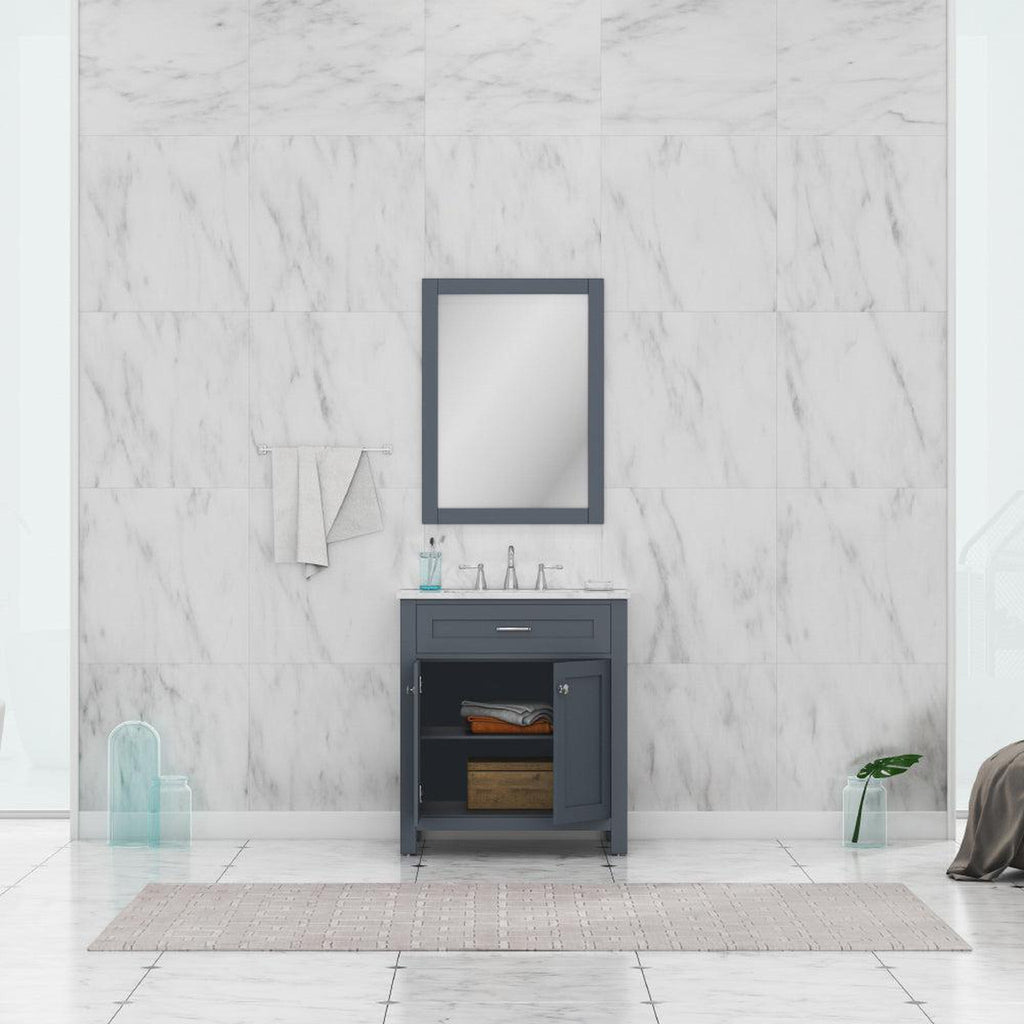 Alya Bath Norwalk 30" Single Gray Freestanding  Bathroom Vanity With Carrara Marble Top, C - HE-101-30-G-CWMT + HE-101/102-30-G-Meramic Sink and Wall Mounted Mirror