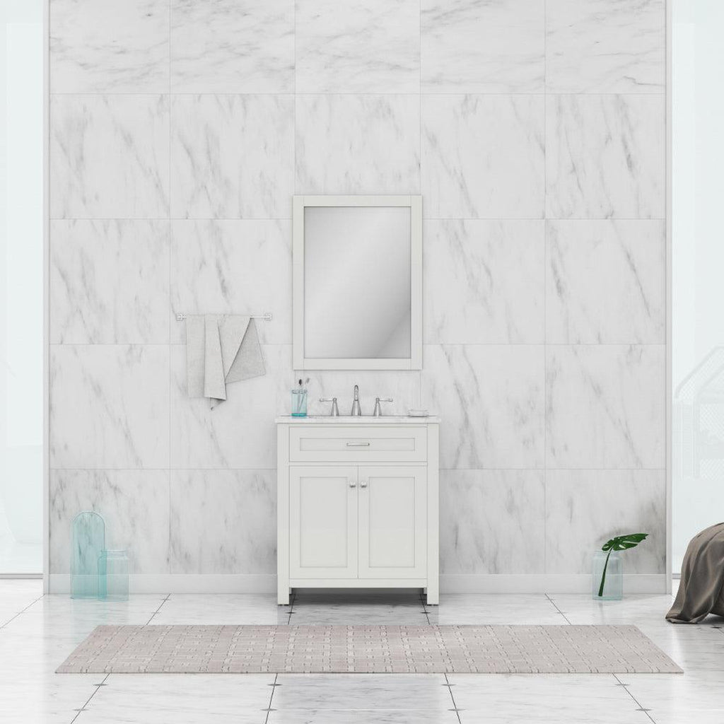 Alya Bath Norwalk 30" Single White Freestanding  Bathroom Vanity With Carrara Marble Top, Ceramic Sink and Wall Mounted Mirror - HE-101-30-W-CWMT + HE-101/102-30-W-M