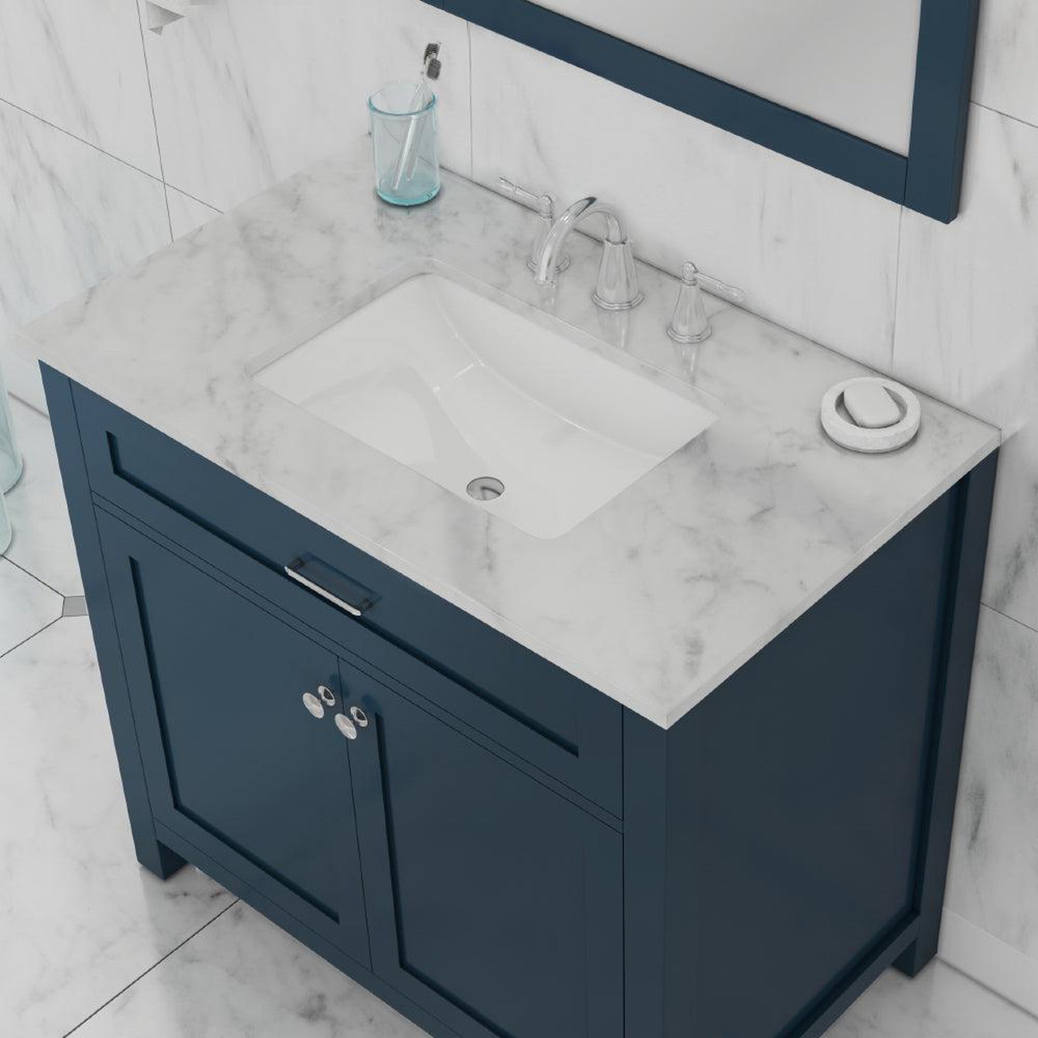 Alya Bath Norwalk 36" Single Blue Freestanding  Bathroom Vanity With Carrara Marble Top, Ceramic Sink and Wall Mounted Mirror - HE-101-36-B-CWMT + HE-101/102-36-B-M