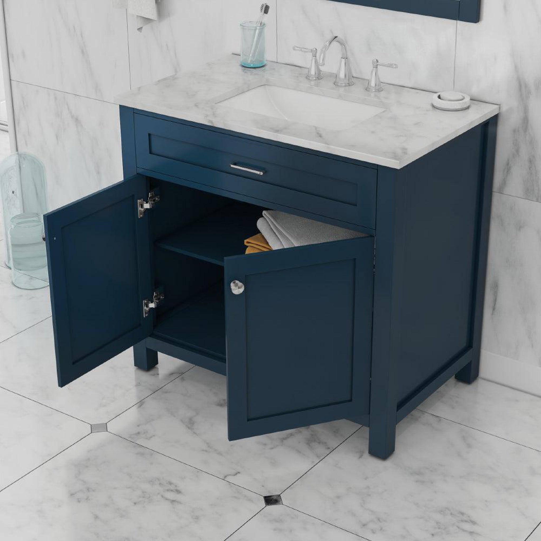 Alya Bath Norwalk 36" Single Blue Freestanding  Bathroom Vanity With Carrara Marble Top, Ceramic Sink and Wall Mounted Mirror - HE-101-36-B-CWMT + HE-101/102-36-B-M