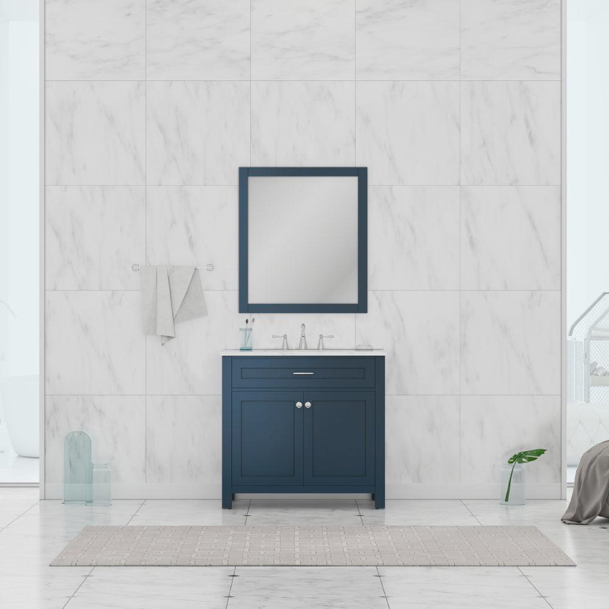Alya Bath Norwalk 36" Single Blue Freestanding  Bathroom Vanity With Carrara Marble Top, Ceramic Sink and Wall Mounted Mirror - HE-101-36-B-CWMT + HE-101/102-36-B-M