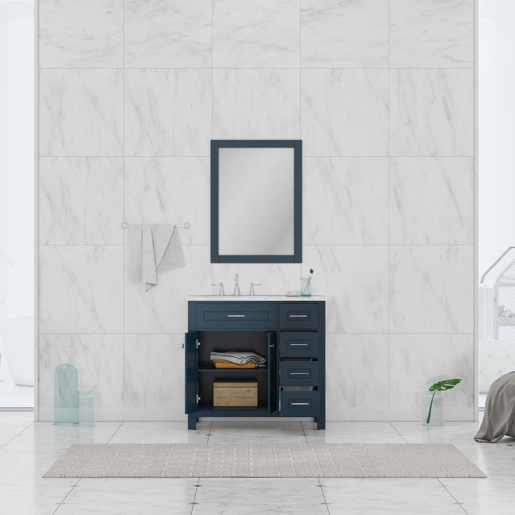 Alya Bath Norwalk 36" Single Blue Freestanding Bathroom Vanity With Drawers, Carrara Marble Top and Ceramic Sink and Wall Mounted Mirror - HE-101-36-DR-B-CWMT + HE-101/102-36-B-M