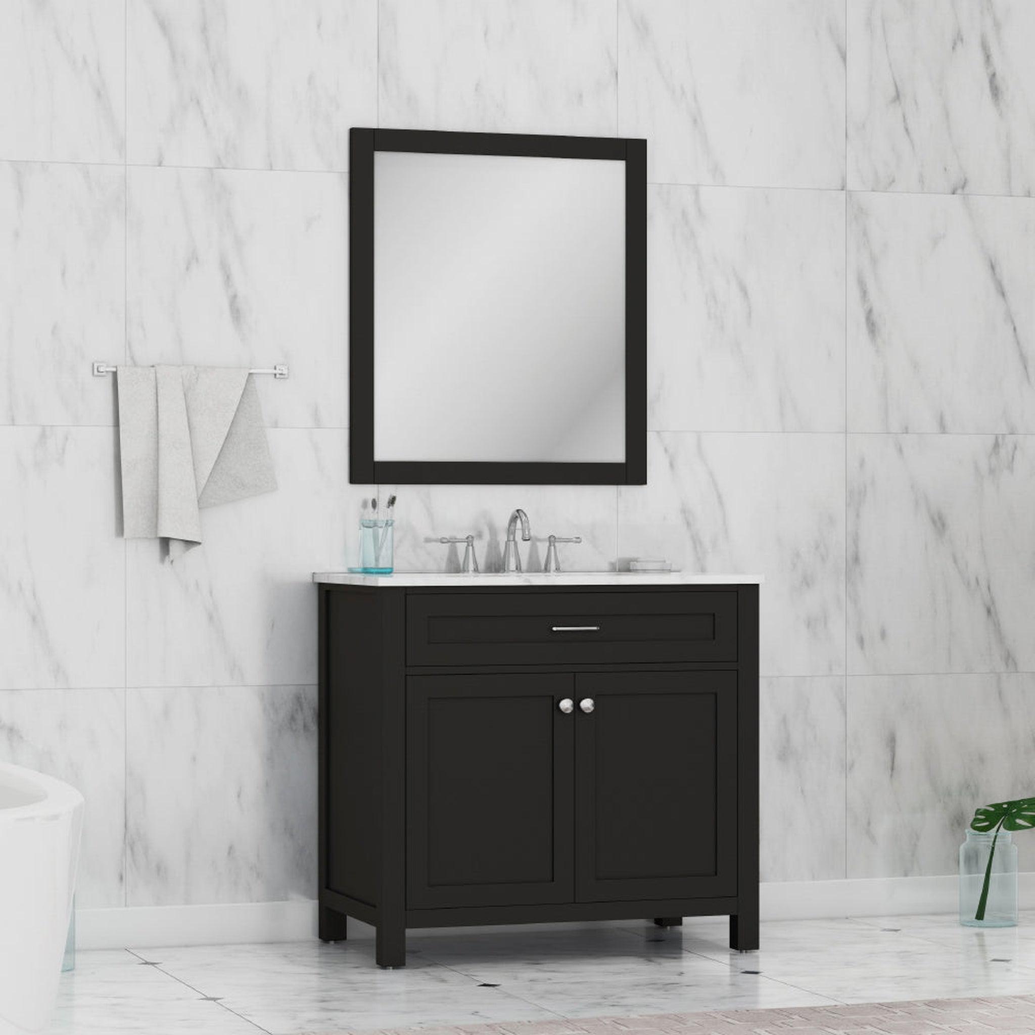Alya Bath Norwalk 36" Single Espresso Freestanding  Bathroom Vanity With Carrara Marble Top, Ceramic Sink and Wall Mounted Mirror - HE-101-36-E-CWMT + HE-101/102-36-G-M