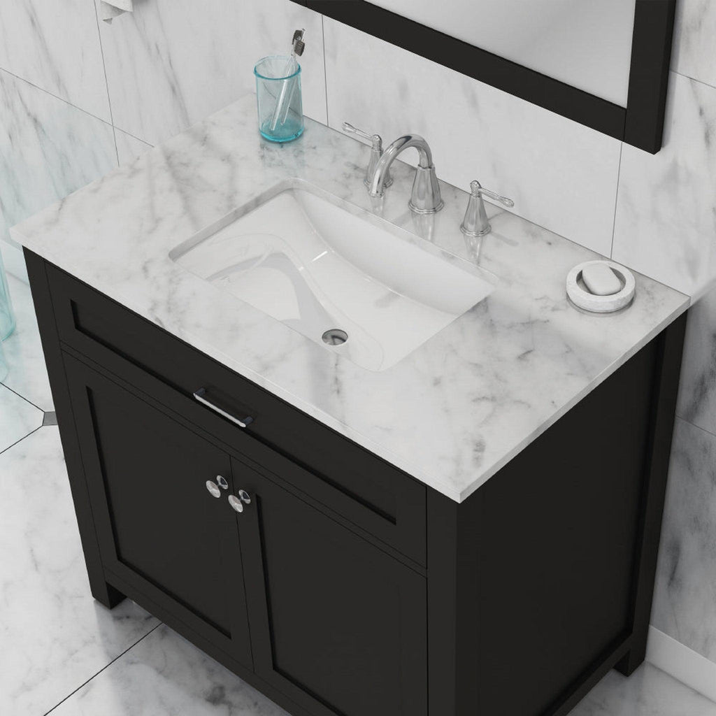 Alya Bath Norwalk 36" Single Espresso Freestanding  Bathroom Vanity With Carrara Marble Top, Ceramic Sink and Wall Mounted Mirror - HE-101-36-E-CWMT + HE-101/102-36-G-M