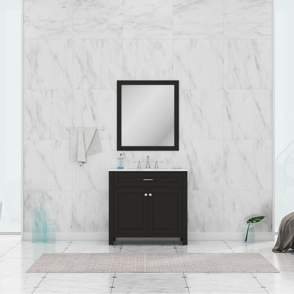 Alya Bath Norwalk 36" Single Espresso Freestanding  Bathroom Vanity With Carrara Marble Top, Ceramic Sink and Wall Mounted Mirror - HE-101-36-E-CWMT + HE-101/102-36-G-M