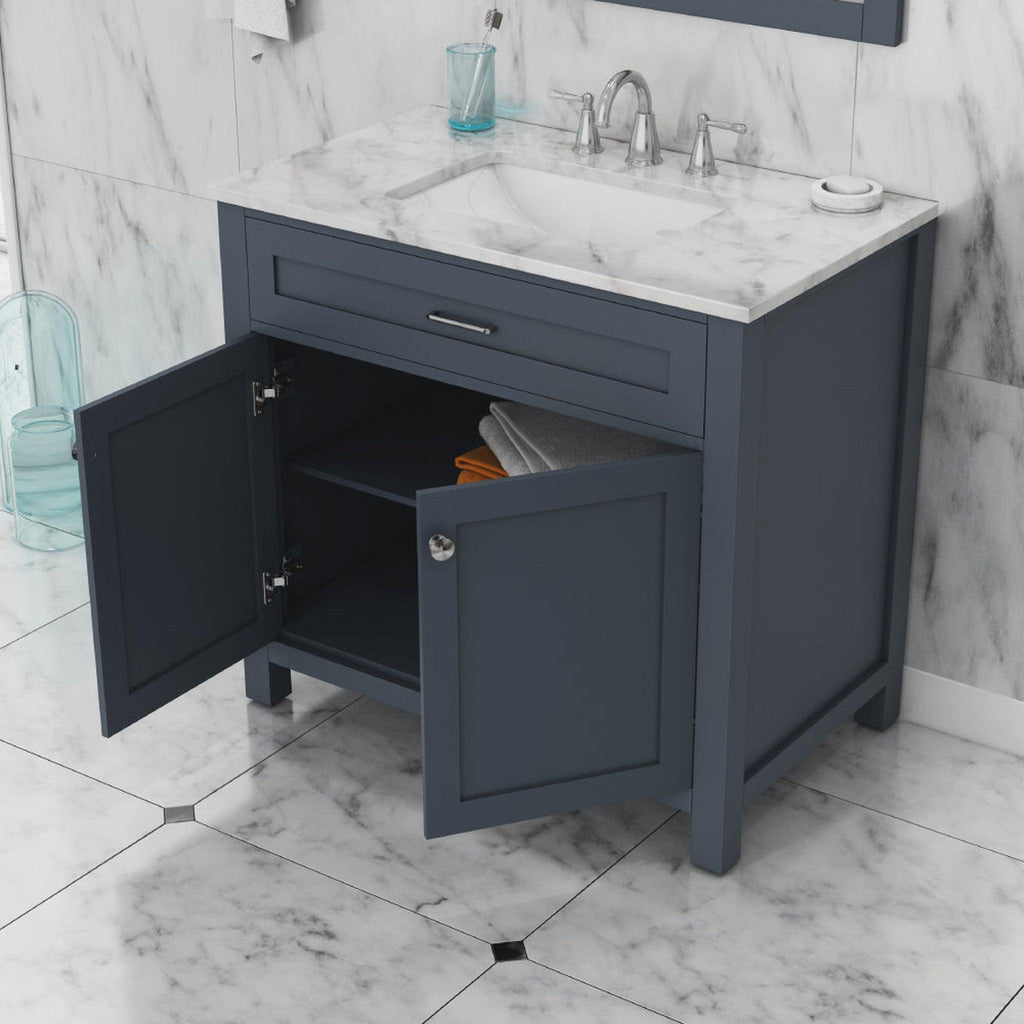 Alya Bath Norwalk 36" Single Gray Freestanding  Bathroom Vanity With Carrara Marble Top, Ceramic Sink and Wall Mounted Mirror - HE-101-36-G-CWMT + HE-101/102-36-G-M