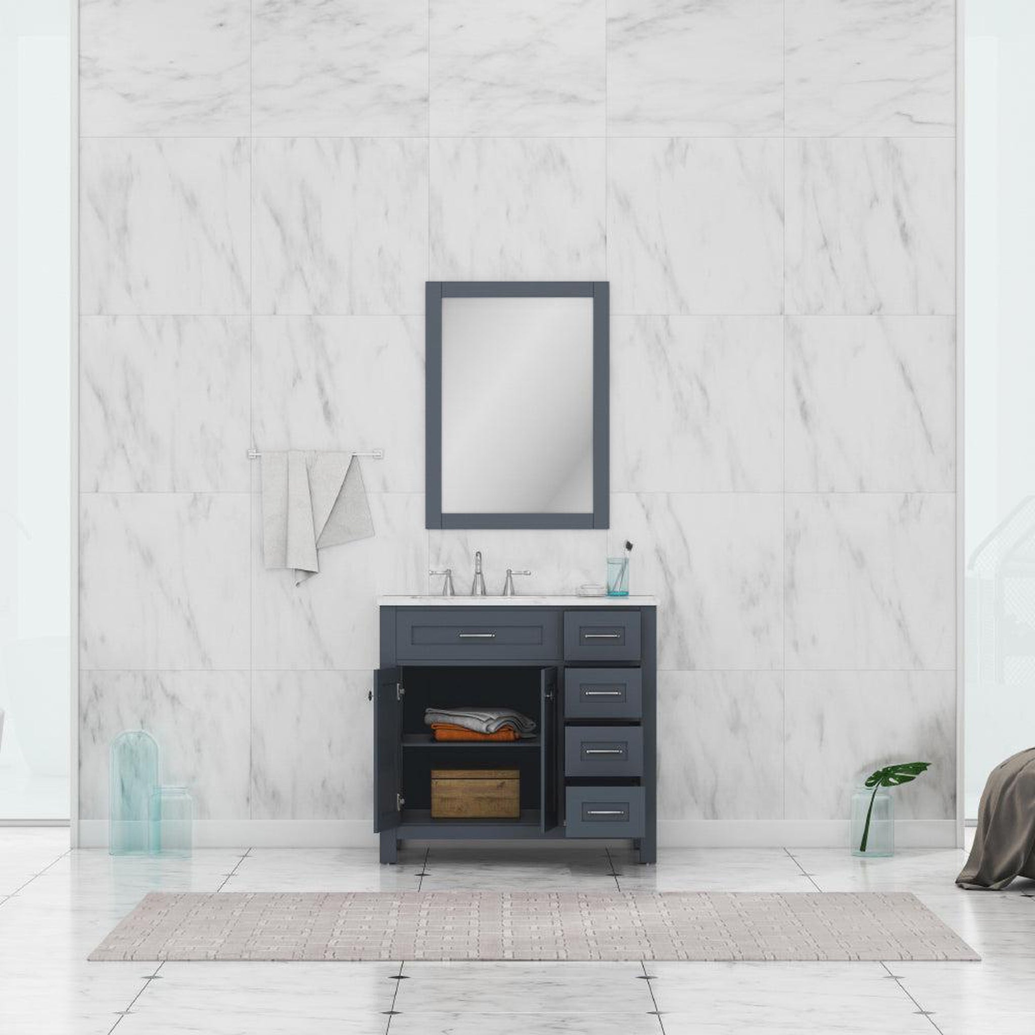 Alya Bath Norwalk 36" Single Gray Freestanding  Bathroom Vanity With Drawers, Carrara Marble Top, Ceramic Sink and Wall Mounted Mirror - HE-101-36-DR-G-CWMT + HE-101/102-36-G-M